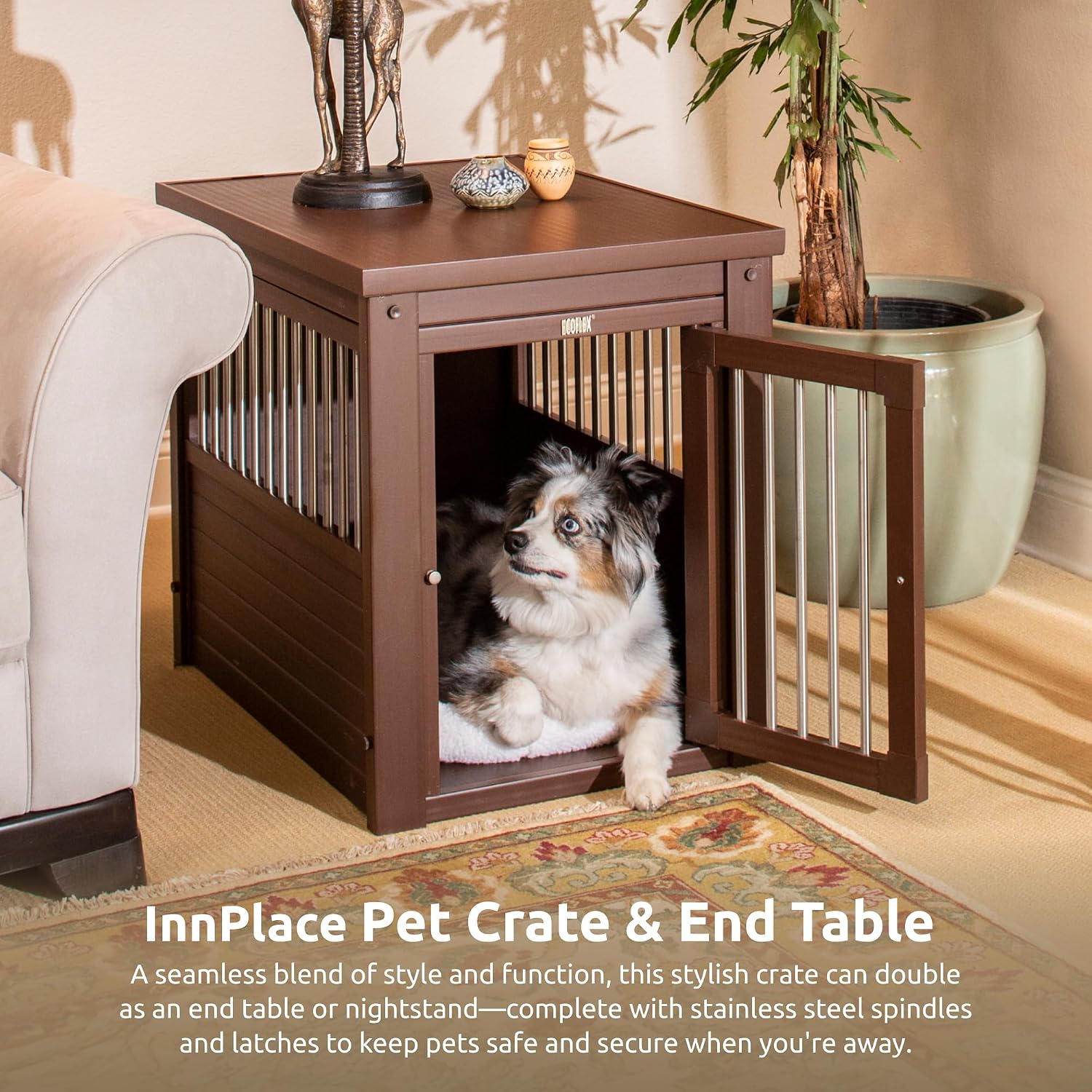 New Age Pet ECOFLEX InnPlace Dog Crate & End Table, Furniture-Style Indoor Kennel for Crate-Trained Dogs, Stainless Steel Spindles, 10-Year Warranty. 4 Colors, 4 Sizes