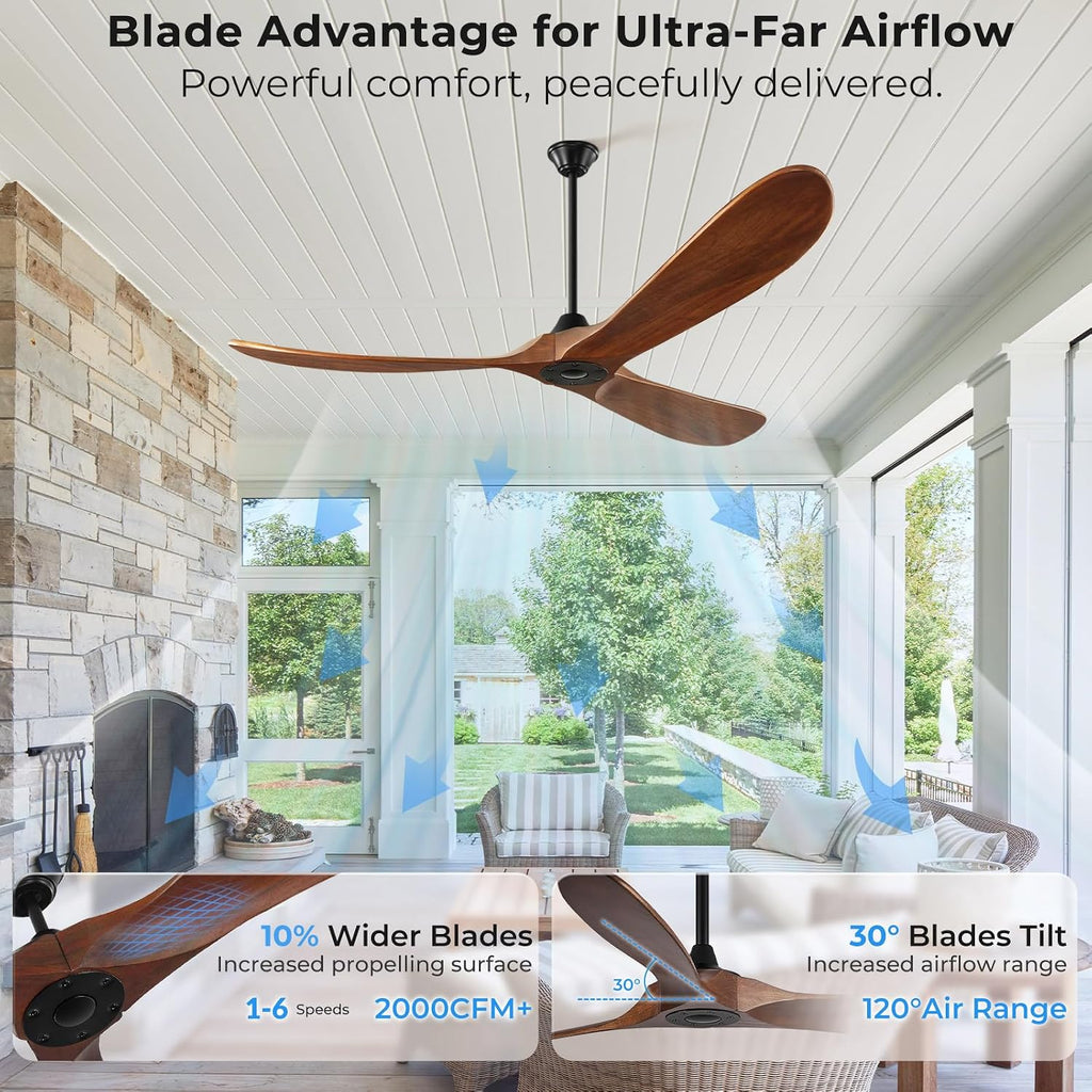 Outdoor Ceiling Fan No Light for Patios, 52 inch Ceiling Fans Without Lights with Smart App and Remote Control, Wet Rated 3 Blades Wood Propeller Modern Fan for Exterior Outside, High CFM, Walnut