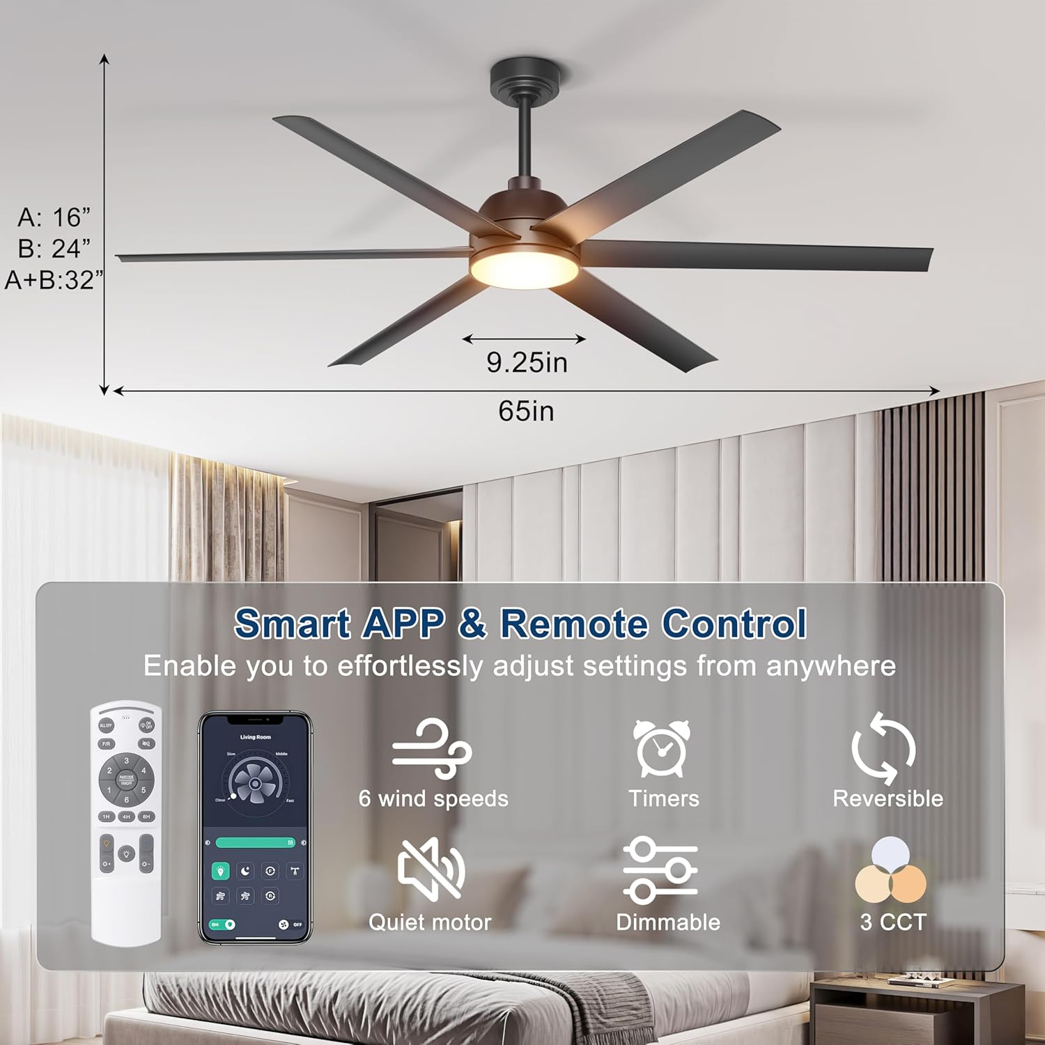 65 Inch Ceiling Fan with Lights - Black Ceiling Fan with Remote & APP Control, 3CCT, Dimmable, Quiet Reversible DC Motor, Indoor Outdoor Ceiling Fans for Patio Living Room Garage Shop
