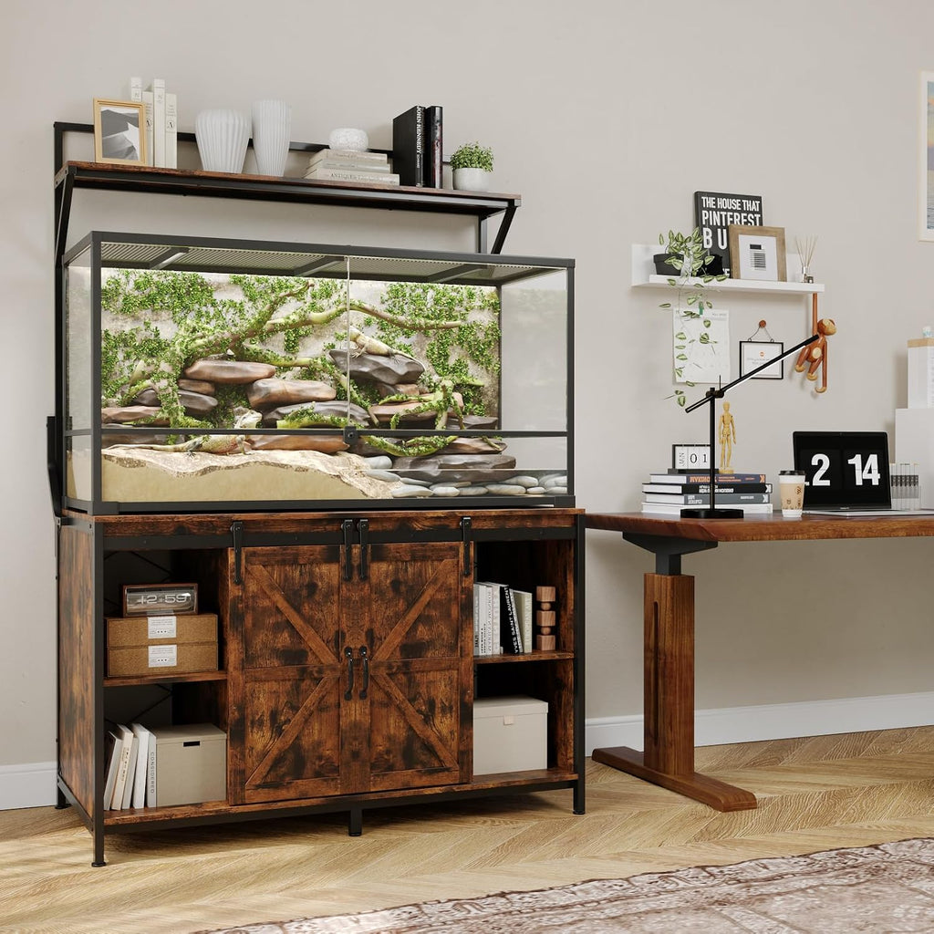 VOWNER Farmhouse Reptile Tank Stand with Power Outlet, 48' X 24' Tabletop Fits up 120 Gallon Bearded Dragon Tank, Heavy Duty Aquarium Stand with Storage Cabinet, Reptile Turtle Terrarium Stand Brown