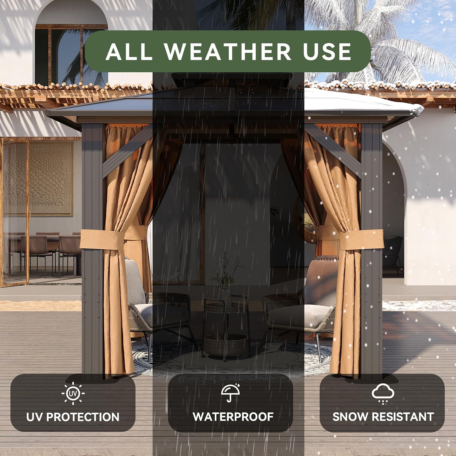 Aoxun 8'x8' Hardtop Gazebo, Metal Frame Permanent Pavilion with Curtains and Netting, Outdoor Polycarbonate Double Roof Canopy, Designed for Garden, Lawns, Patio, Brown