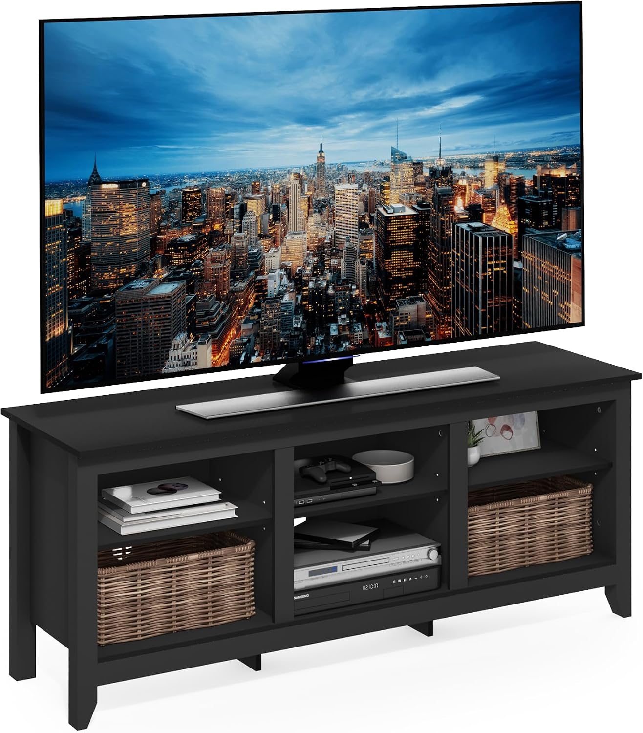 Furinno Jensen TV Stand for TV up to 65 Inch, 2-Tier Black Entertainment Center, TV Console with Cable Management, for Living Room, Bedroom, Dark Americano