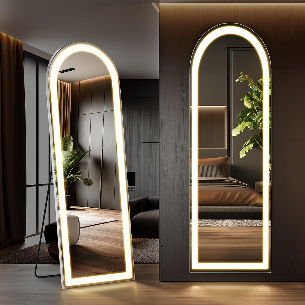 Elevon Full Length Mirror with LED Lights, 63'x20' Floor Mirror with Dimming & 3 Color Lighting, Led Mirrors Full Length with Stand for Bedroom, Dressing Room, Arched