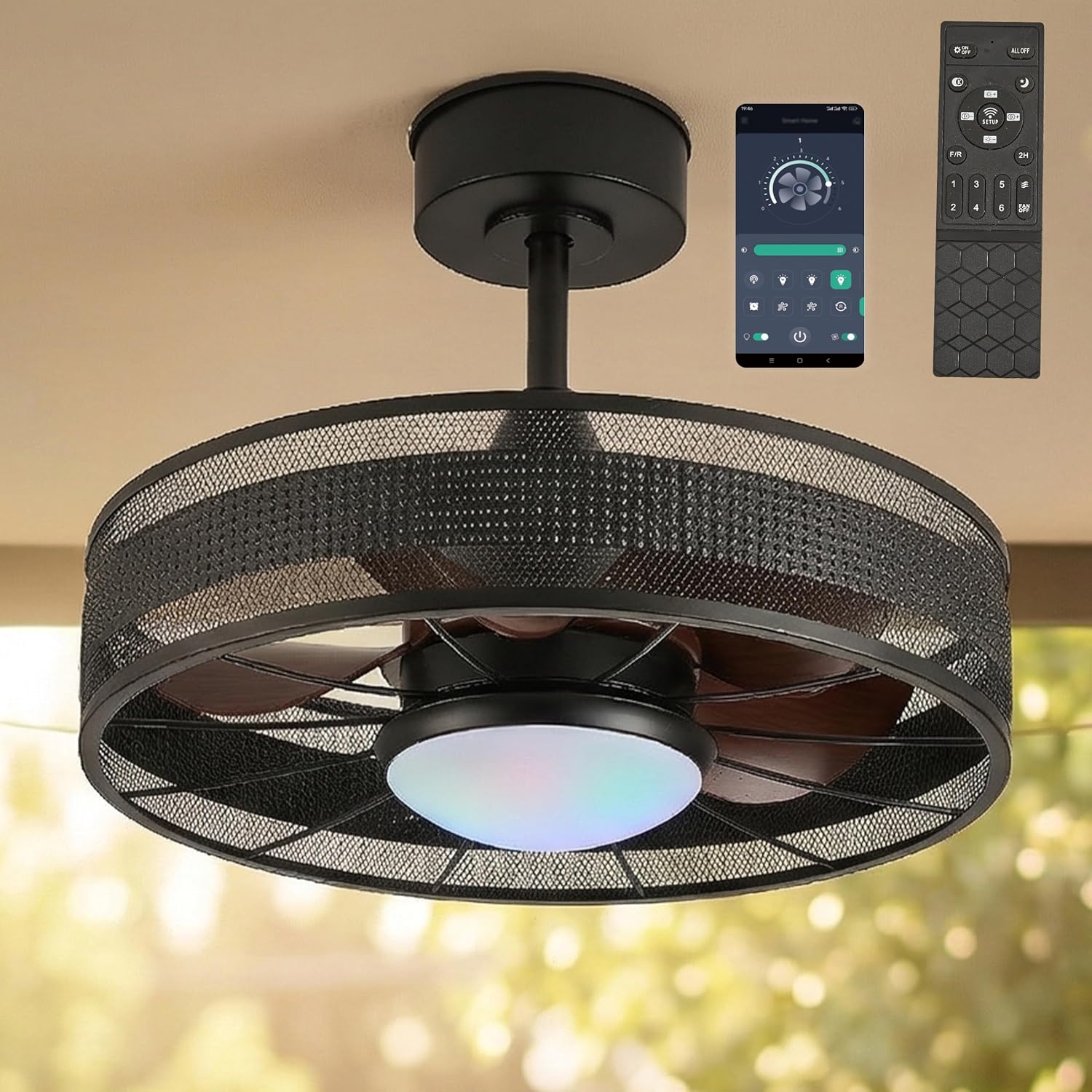 20' Outdoor Indoor Ceiling Fan with Light, IP44 Waterproof Fandelier, RGB & 3 CCT, Smart APP Remote, 6-Speed DC Motor, Cage Design for Gazebo Patio Bedroom, Black