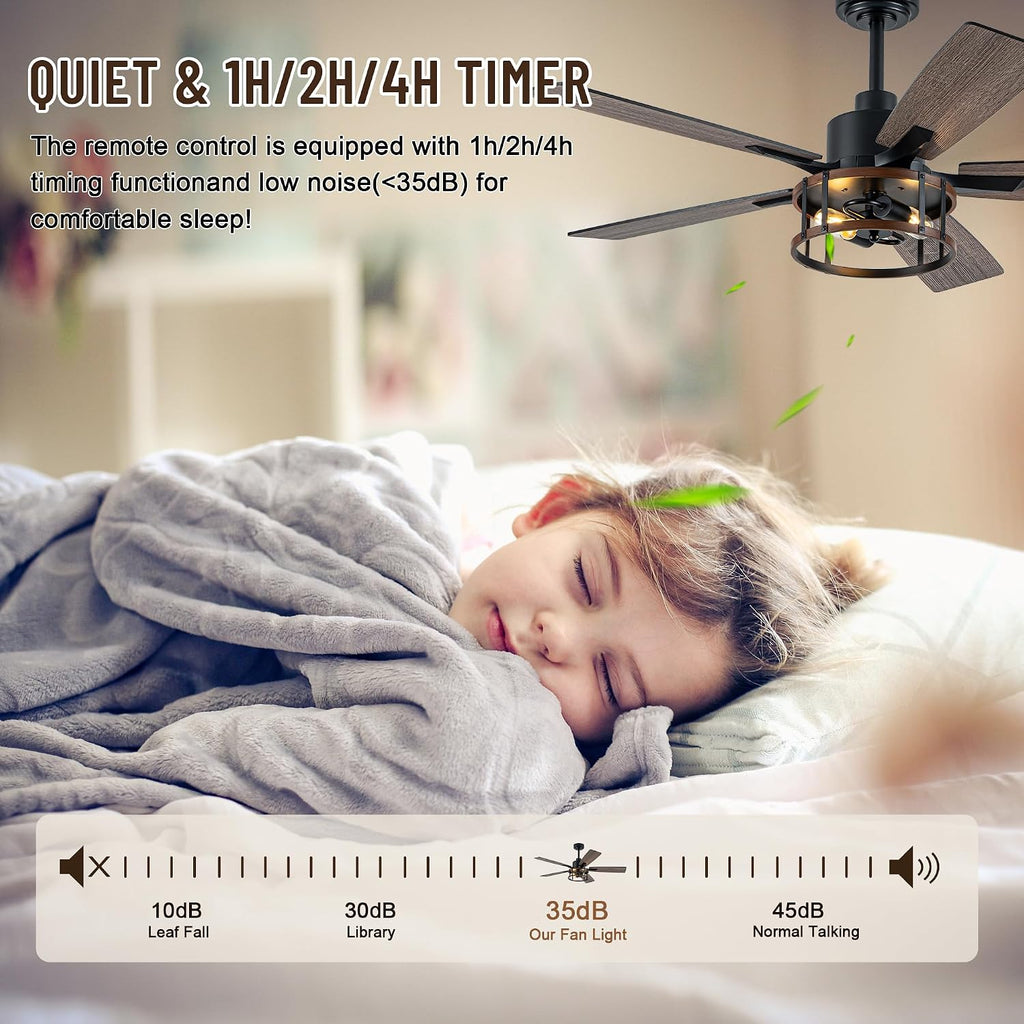 52' Farmhouse Ceiling Fans with Lights, Caged Ceiling Fan with Light and Remote,Reversible Motor,5 Double Finish Wood Blades,Black Rustic Industrial Ceiling Fan for Living Room/Dining Room