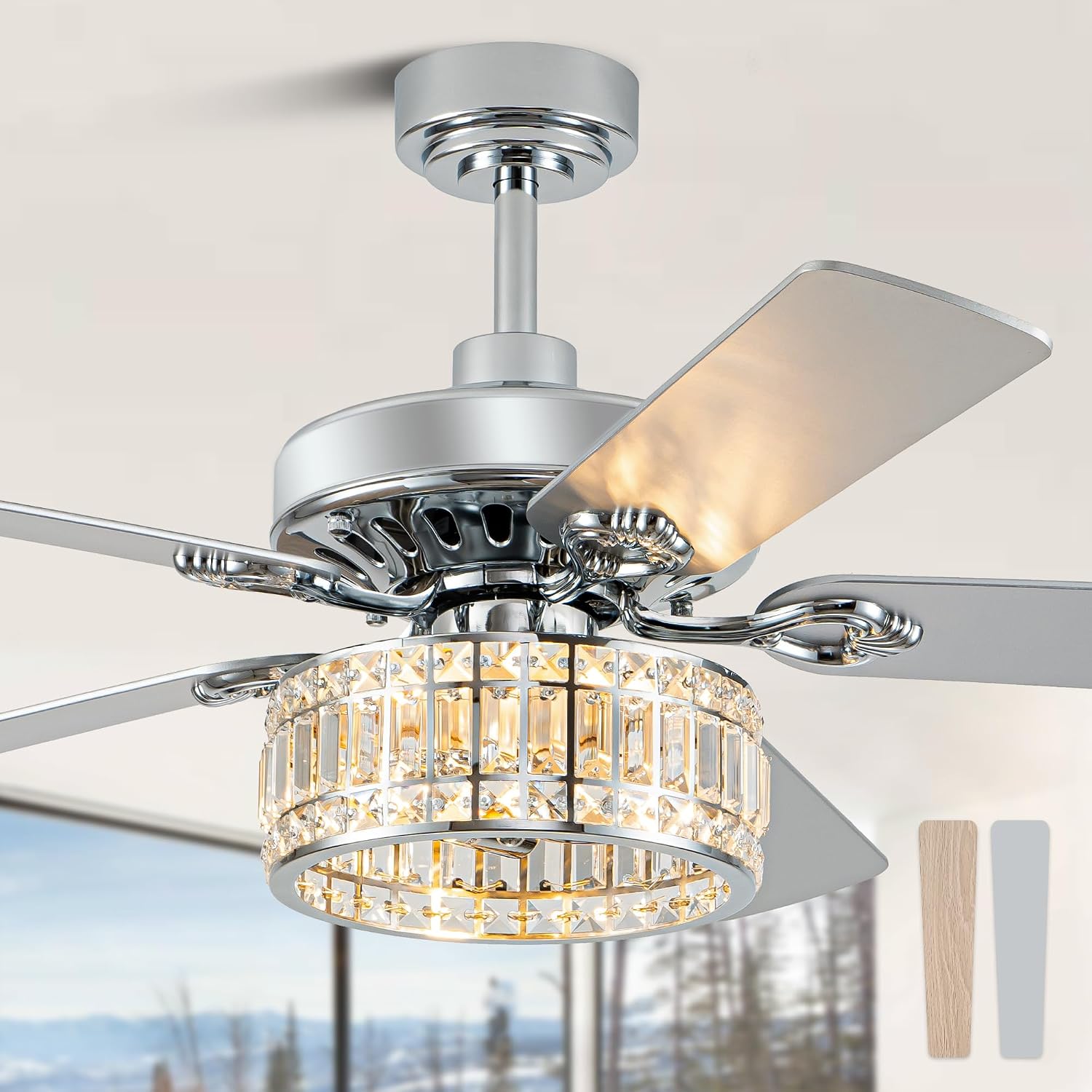 Bella Depot 52' Ceiling Fan with Light, Caged Chandelier Fan with Light (No Bulbs Included), Vintage Fandelier Fan with Quiet DC Motor for Dining Living Room Bedroom (Chrome)