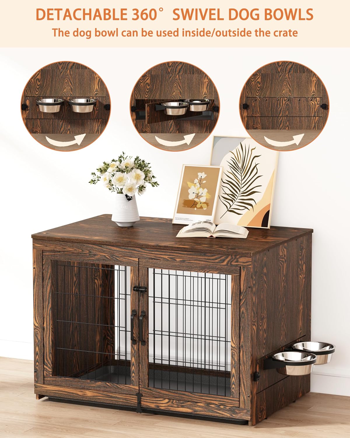 Piskyet Wooden Dog Crate Furniture with 360°Rotatable Removable Dog Bowls, Dog Crate End Table with Tray(L:37.7' L*25.1' W*26.1' H, Rustic Brown)