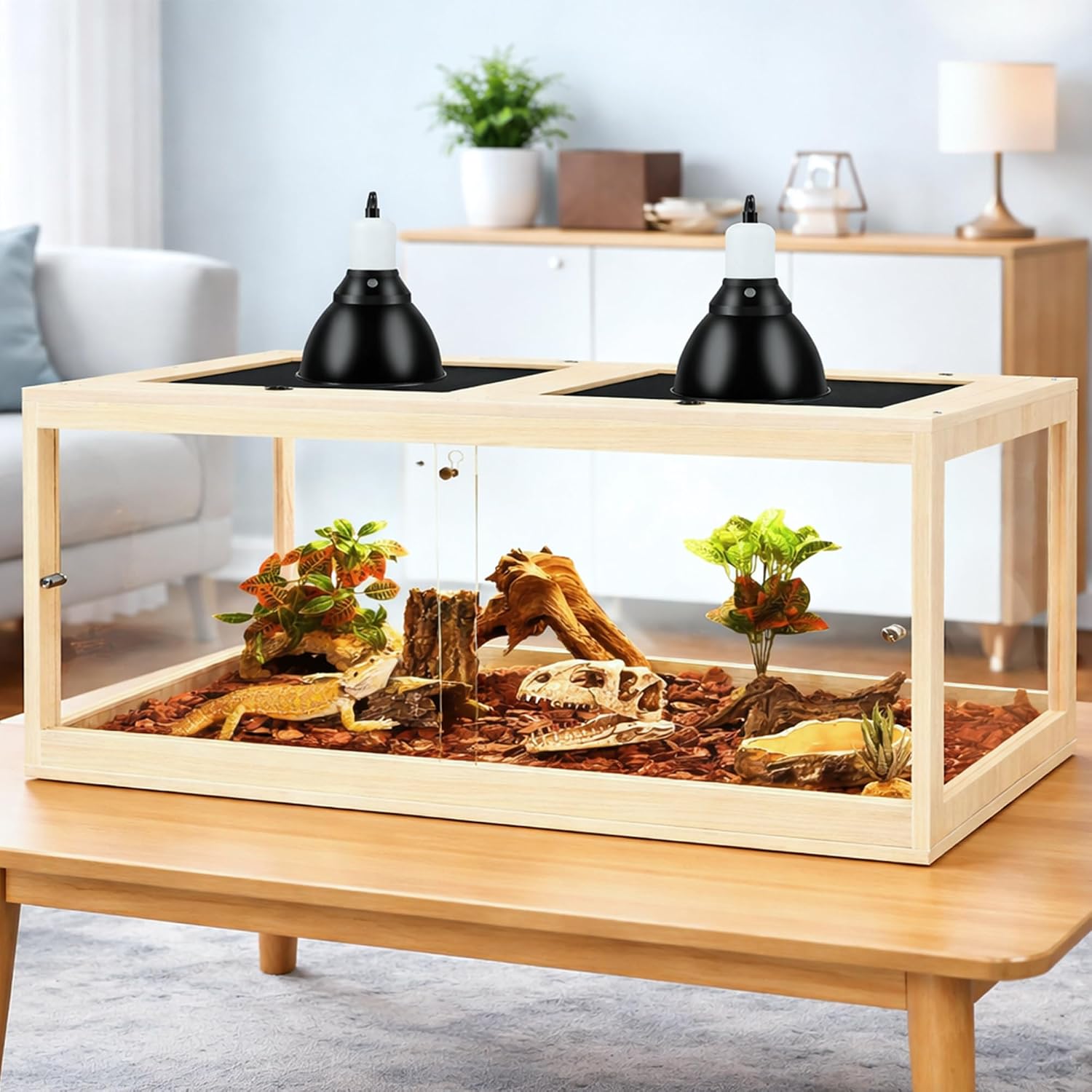 PROLEE Bearded Dragon Tank, Tempered Glass Reptile Encloure and Snake Tank with Metal Mesh Roof Door,Locking Design Reptile Tank for Lizard,Gecko,Chameleon (Oak, 82 Gallon (48x19.5x19.5) Inch)