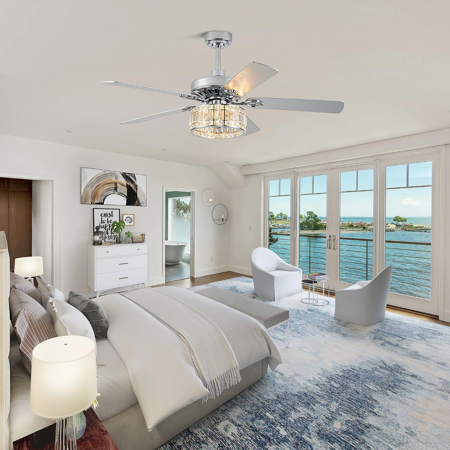 Bella Depot 52' Ceiling Fan with Light, Caged Chandelier Fan with Light (No Bulbs Included), Vintage Fandelier Fan with Quiet DC Motor for Dining Living Room Bedroom (Chrome)