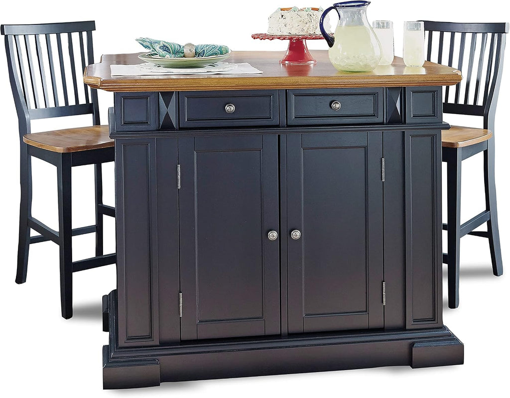 Home Styles Large Kitchen Island Set with Two Matching Stationary Slat back Stools with Antique Black finish and Distressed Oak Top, Extendable Breakfast Bar, Open Storage and Shelves and Drawers