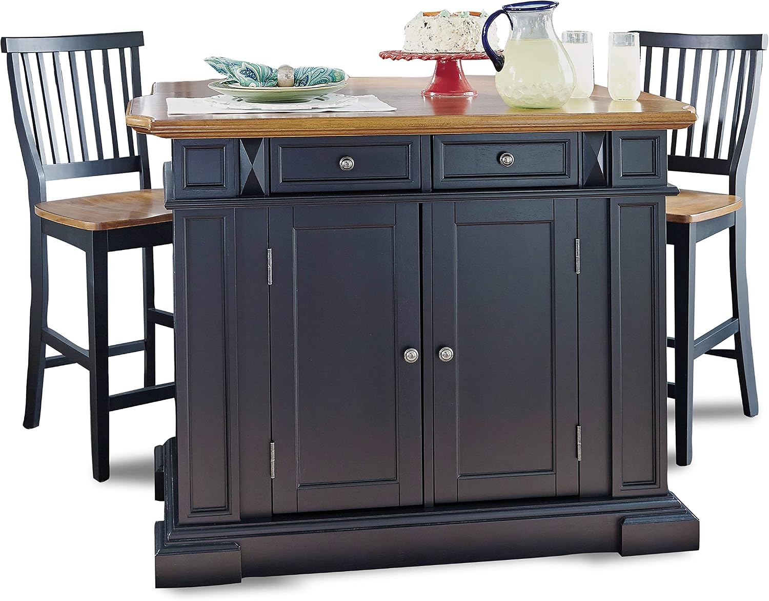 Home Styles Large Kitchen Island Set with Two Matching Stationary Slat back Stools with Antique Black finish and Distressed Oak Top, Extendable Breakfast Bar, Open Storage and Shelves and Drawers