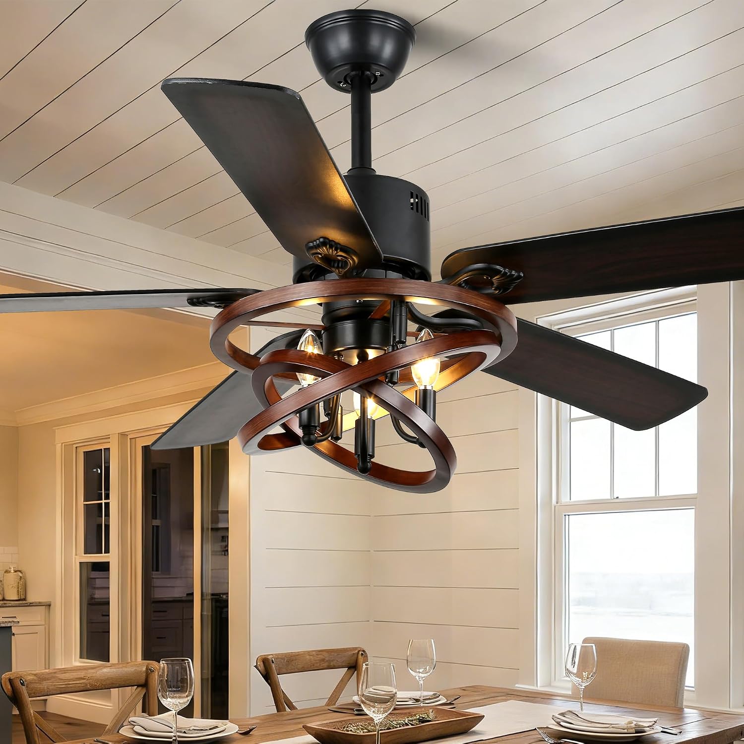 52' Ceiling Fan with Lights and Remote,Industrial Farmhouse Ceiling Fan with Adjustable Wood Grain Iron Cage,5 Reversible Dual-Color Blades,DC Quiet Motor,6 Speeds,Timer for Bedroom Living Room