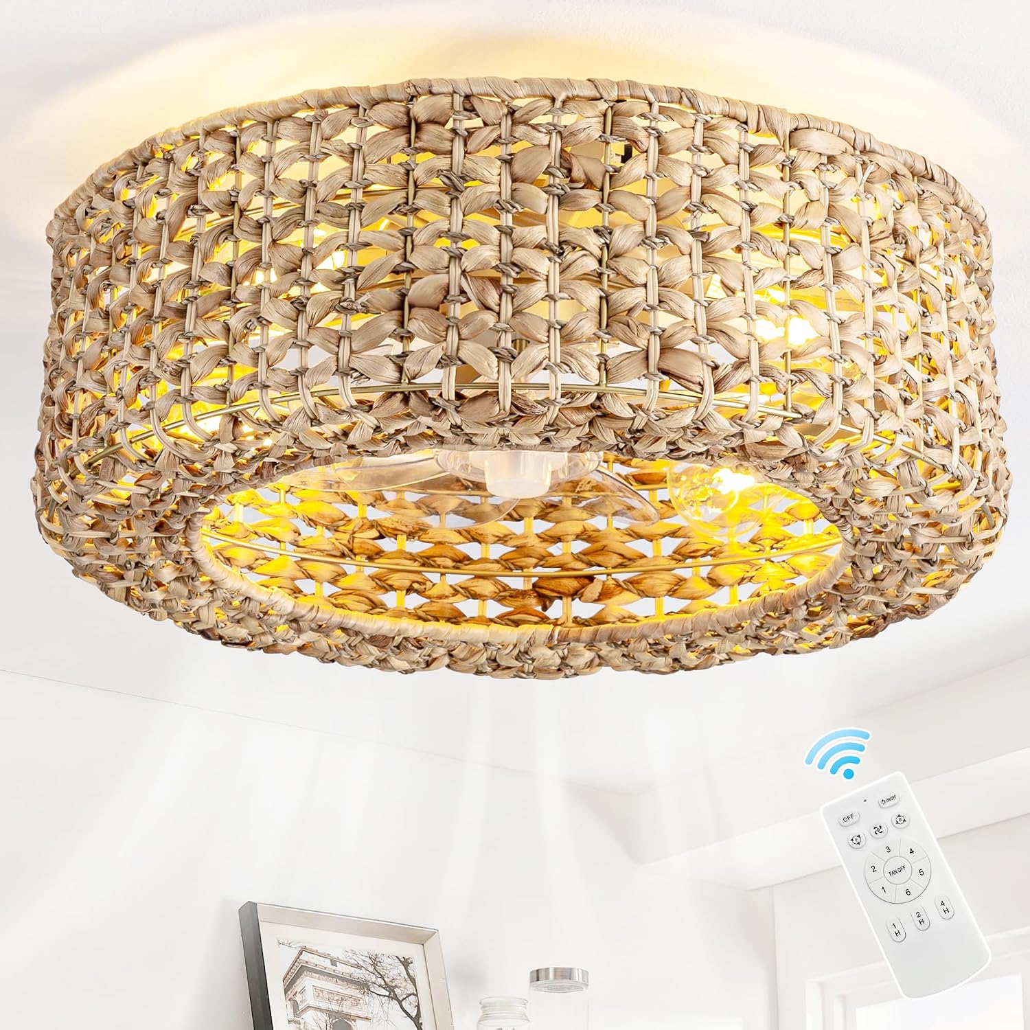 0139-4H Handwoven Rattan Boho Ceiling Fans with Lights Remote Control Flush Mount Fandelier Low Profile Caged for Bedroom,4-Light,20'