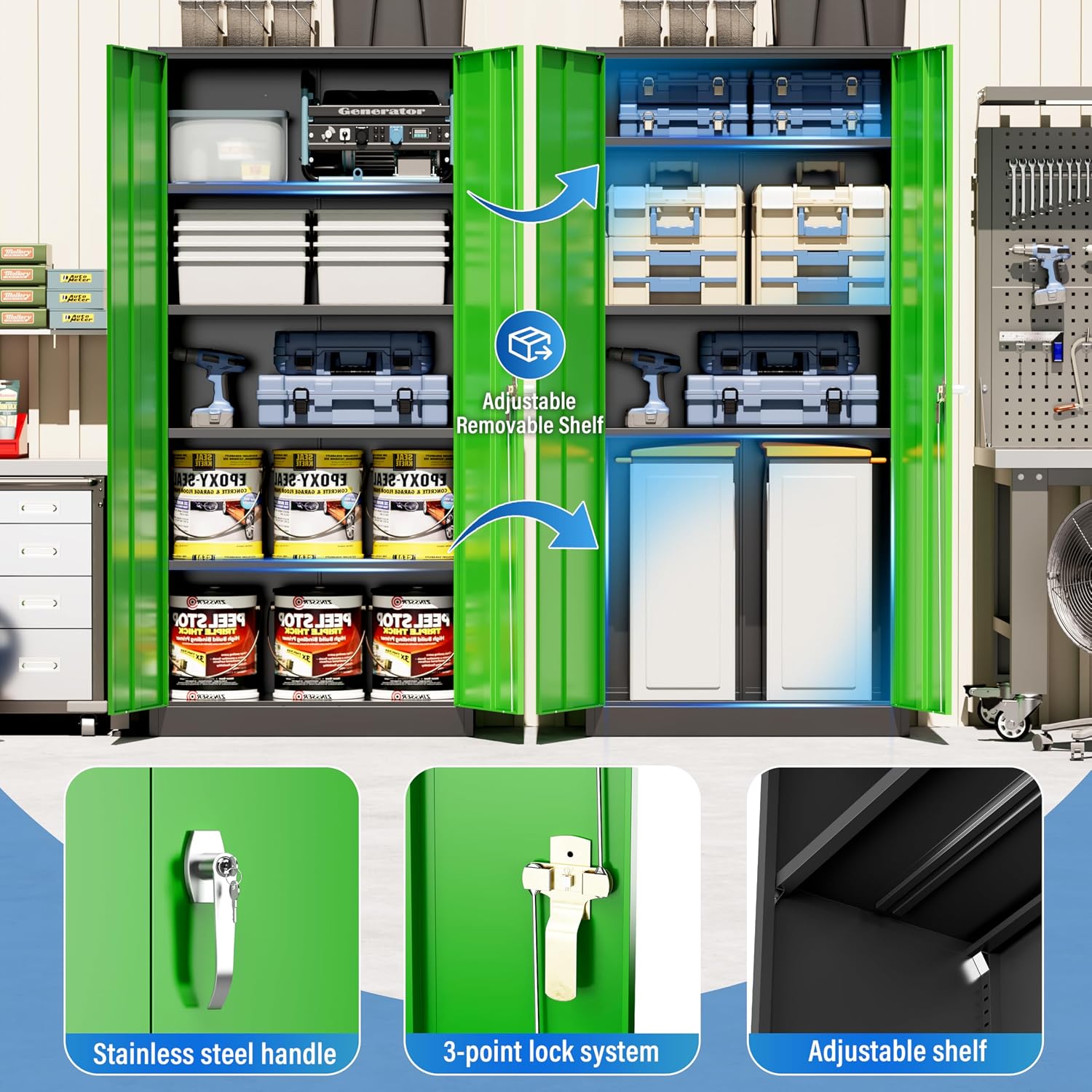 Greenvelly Metal Storage Cabinet with Doors and Shelves, 72' Inch Locking Metal Cabinet,Garage Storage Cabinet for Garage Office School Warehouse (Black Green)