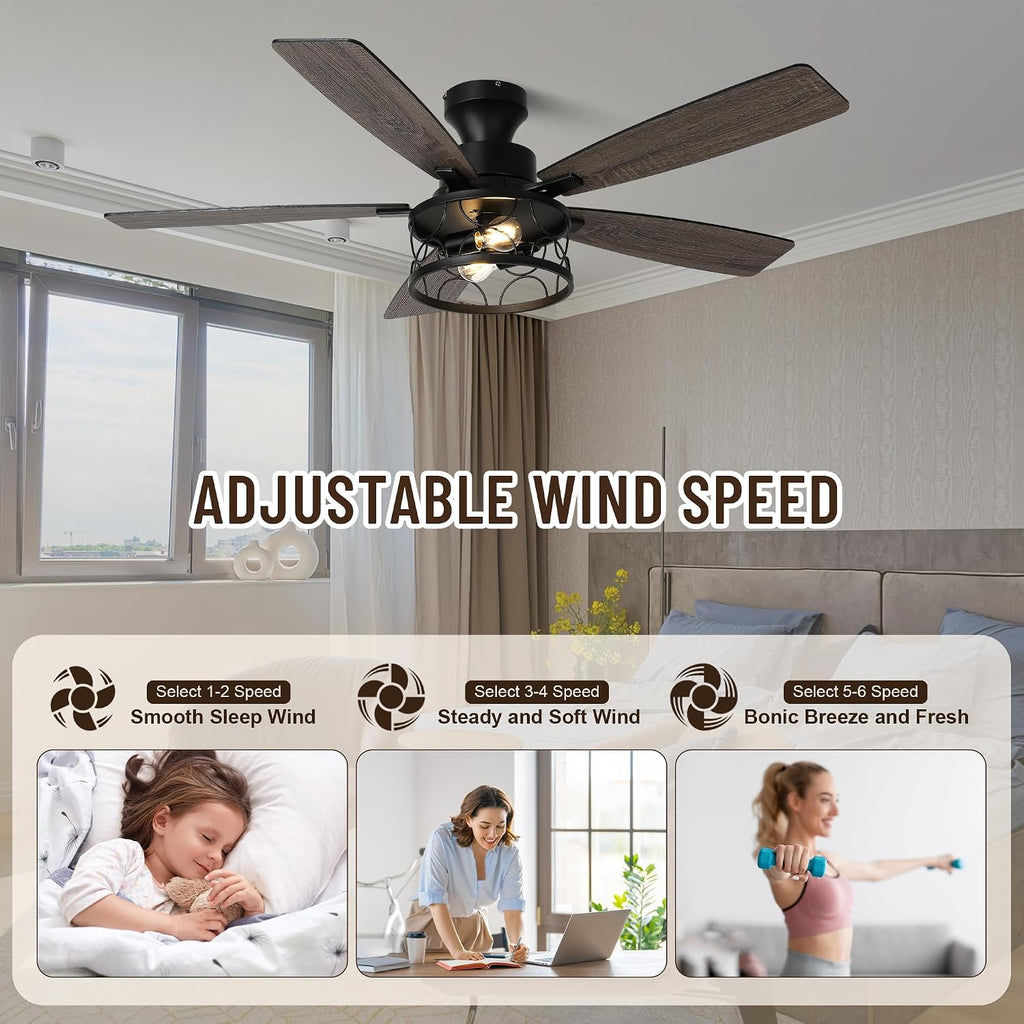 52'' Flush Mount Ceiling Fan with Light, Farmhouse Low Profile Ceiling Fan with Remote, 6-Speed Quiet Reversible DC Motor, 3 Clear Glass Lights, Timer Function, for Bedroom Living Room Kitchen