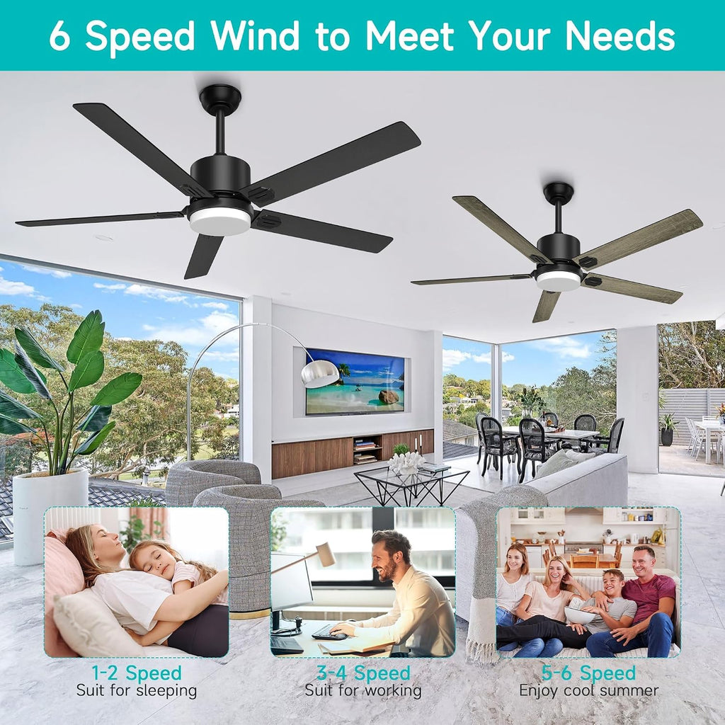 Obabala 60 Inch Ceiling Fan with Light,Ceiling Fans with Remote Indoor Outdoor DC Motor Black Ceiling Fan with Light LED for Patios,Garage,Dining Room, Bedroom, Kitchen, Living Room, Farmhouse