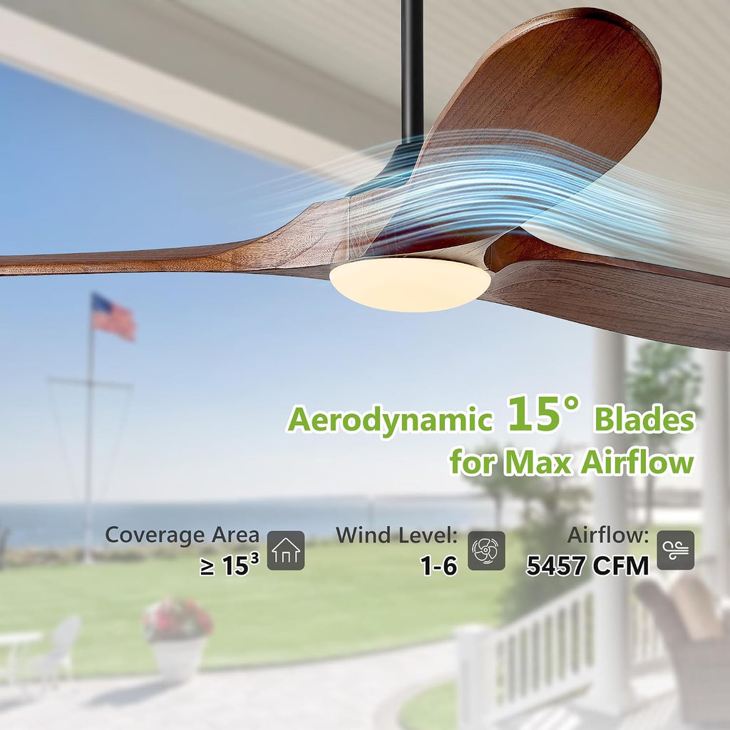 52 Inch Ceiling Fans with Lights and Remote Control, Outdoor Ceiling Fan with Light Solid Wood 3 Blade Propeller Ceiling Fan, Quiet High CFM Damp Rated Outdoor Fan for Patios Farmhouse, Dark Walnut