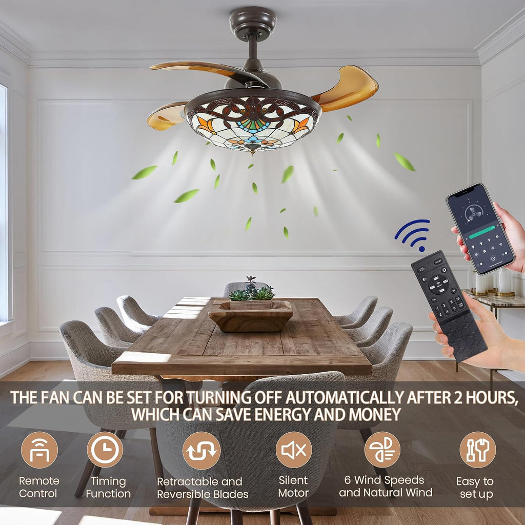 36' Tiffany Style Ceiling Fan with Lights, Remote Control Led Dimmable Fandelier Fixture with 4 Retractable Reverse Blades, Vintage Stained Glass Suit for Bedroom Living Room