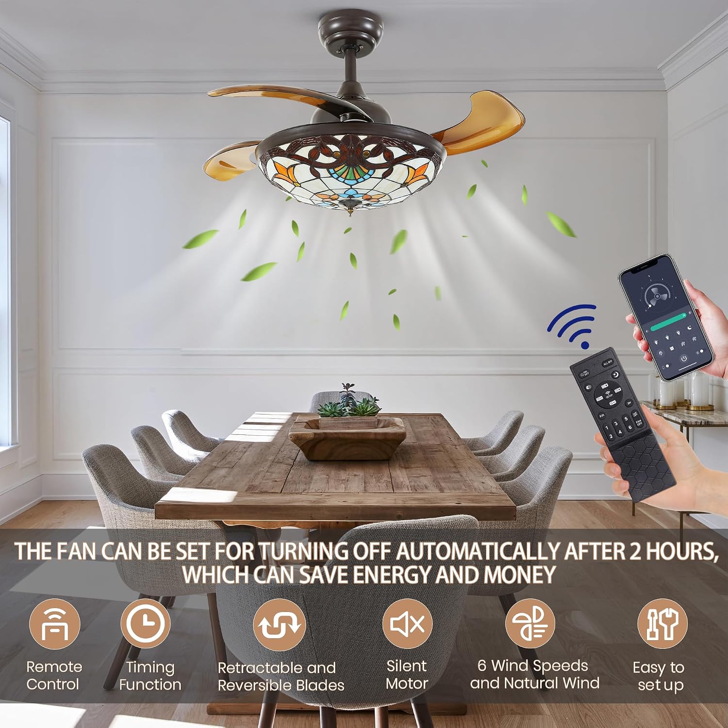 36' Tiffany Style Ceiling Fan with Lights, Remote Control Led Dimmable Fandelier Fixture with 4 Retractable Reverse Blades, Vintage Stained Glass Suit for Bedroom Living Room
