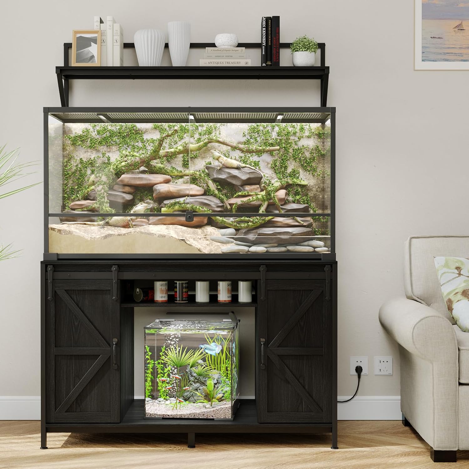 VOWNER Farmhouse Reptile Tank Stand with Power Outlet, 48' X 24' Tabletop Fits up 120 Gallon Bearded Dragon Tank, Heavy Duty Aquarium Stand with Storage Cabinet, Reptile Turtle Terrarium Stand Black