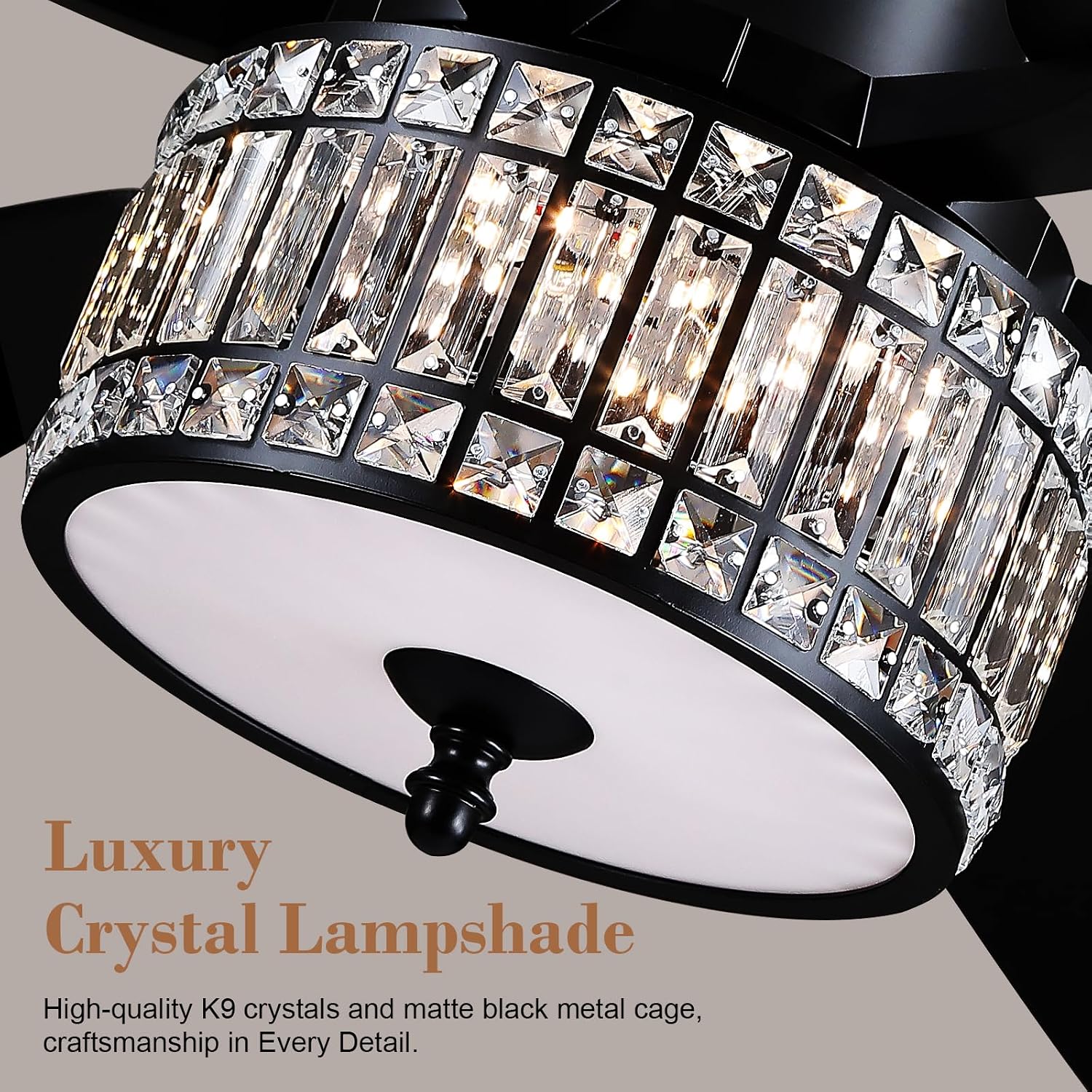 Kviflon 52 Inch Crystal Ceiling Fan with Lights and Remote/APP Control, Black Fandelier Ceiling Fan with Light, Modern Chandelier Ceiling Fan for Bedroom Living Room, Quiet DC Motor, Dimmable LED