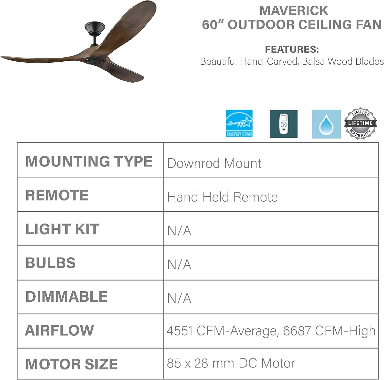 Monte Carlo 3MAVR60BK Maverick Energy Star 60'' Outdoor Ceiling Fan with Remote Control, 3 Balsa Wood Blades, Black