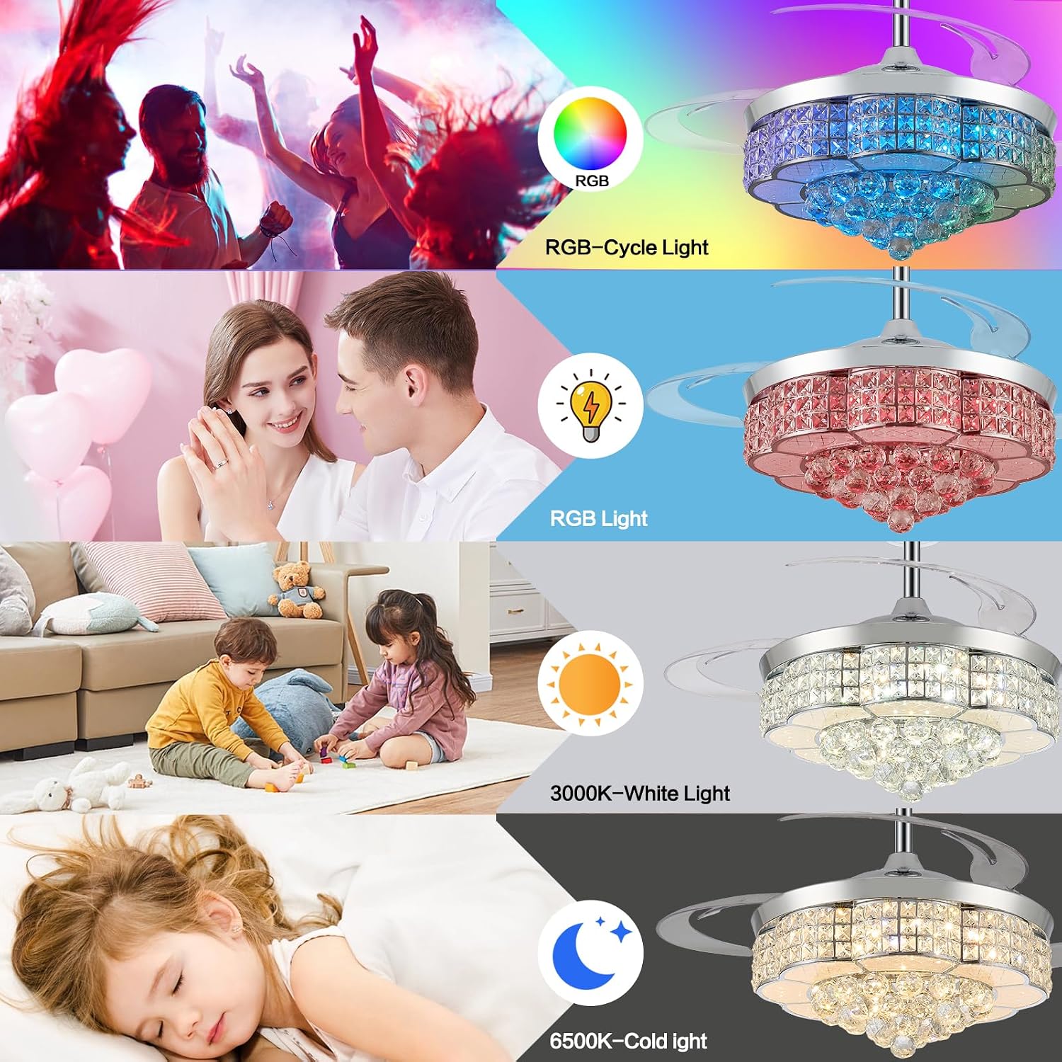 36' RGB Retractable Crystal Ceiling Fan with Light and Speaker Dimmable Bluetooth Chandelier Fan, 6 Speed Timer Fandelier, APP/Remote Control & Speaker for Bedroom,Silver