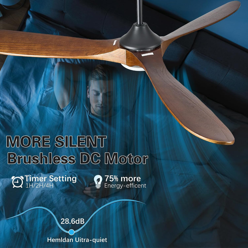 60 Inch Solid Wood Ceiling Fans with Lights, Remote APP Control 3 Propeller Blades Indoor Outdoor Ceiling Fan, Large Airflow Noiseless DC Motor Wooden Ceiling Fan for Patio Living Rooms Farmhouse