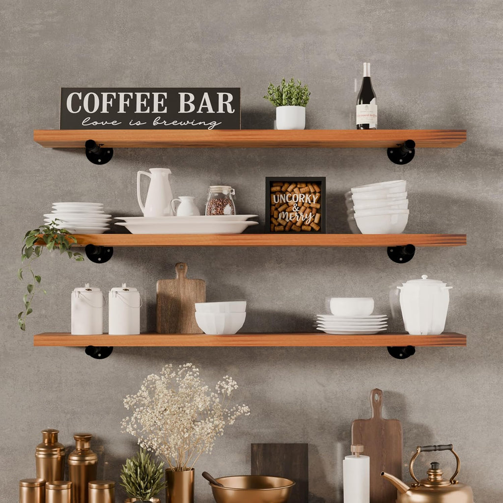 HDDFER Industrial Pipe Wall Wood Shelves,Real Wooden Shelves 36' in Walnut Color with 1.2' Extra Thickness, Modern Floating Shevles