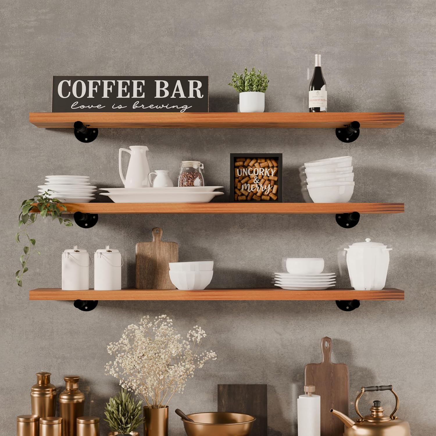 HDDFER Industrial Pipe Wall Wood Shelves,Real Wooden Shelves 36' in Walnut Color with 1.2' Extra Thickness, Modern Floating Shevles