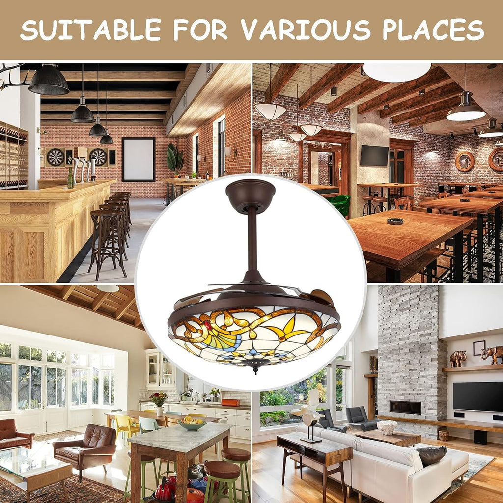 TFCFL 42 Inch Tiffany Style Invisible Ceiling Fan with Lights and Remote Control,Retractable Blades 3 Speeds 3 Light Changes Fandelier Chandelier Fan,Indoor Ceiling Lighting Fixture