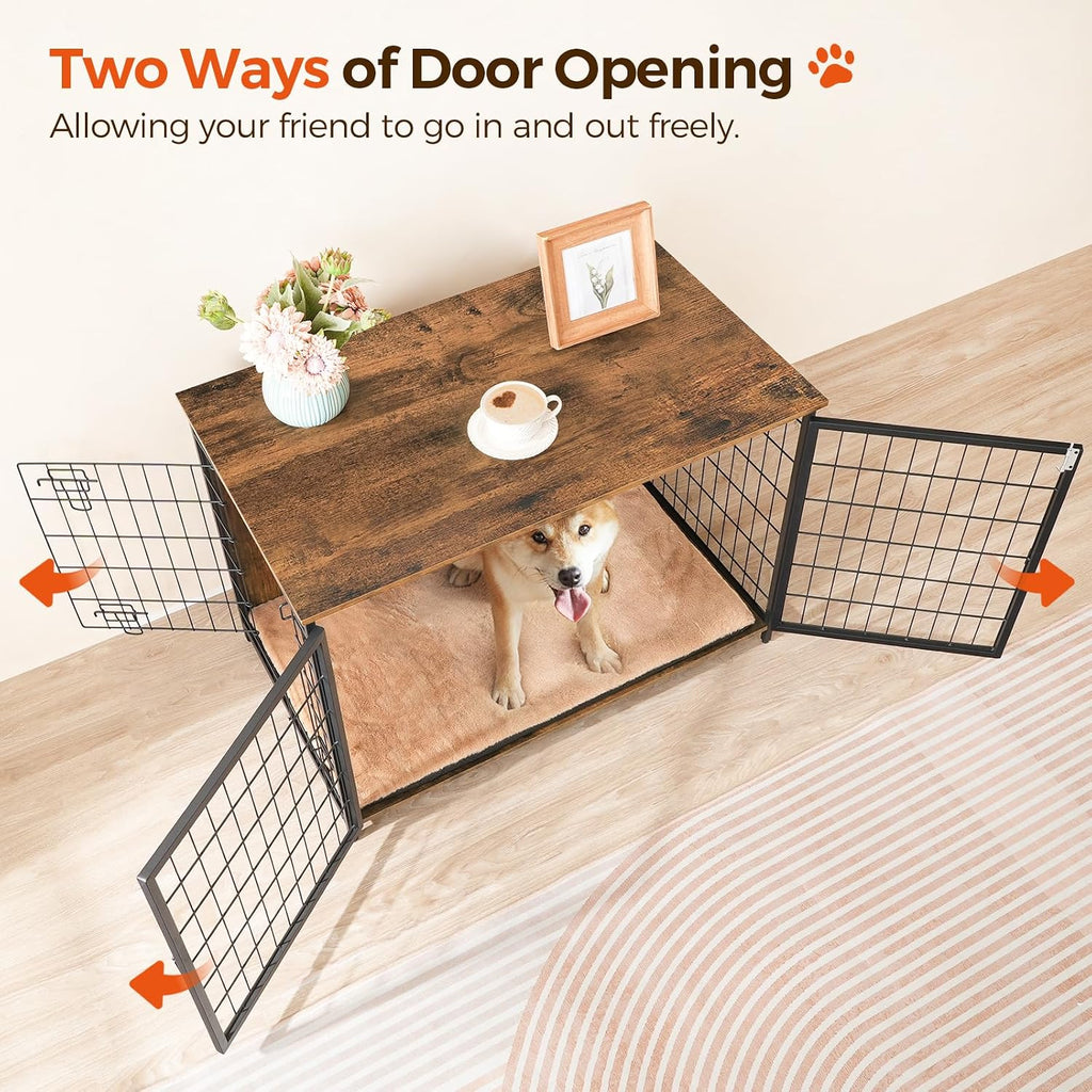 MAHANCRIS Dog Crate Furniture with Cushion, Wooden Dog Kennel with Double Doors, Heavy Duty Dog Cage for Small/Medium/Large Dogs, Indoor Dog House End Table, 39.4' L, Rustic Brown DCHR10701