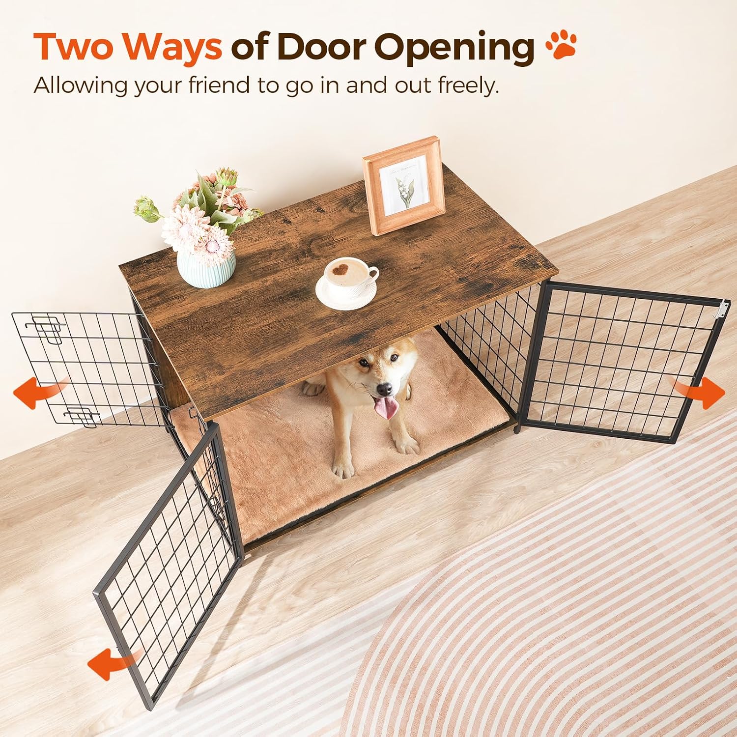 MAHANCRIS Dog Crate Furniture with Cushion, Wooden Dog Kennel with Double Doors, Heavy Duty Dog Cage for Small/Medium/Large Dogs, Indoor Dog House End Table, 39.4' L, Rustic Brown DCHR10701
