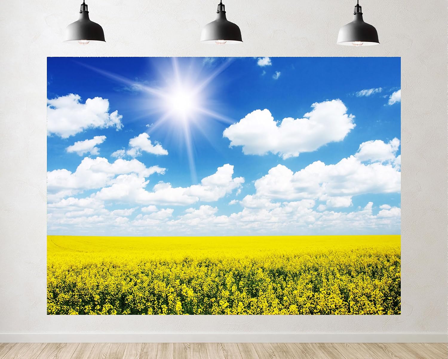 Trykid 20x10ft Bright Yellow Rapeseed Backdrop Clear Blue Sky Fluffy Clouds Sun Drenched Countryside Spring Scenery Photography Background Tapestry Party Decoration Photo Studio Prop Fabric