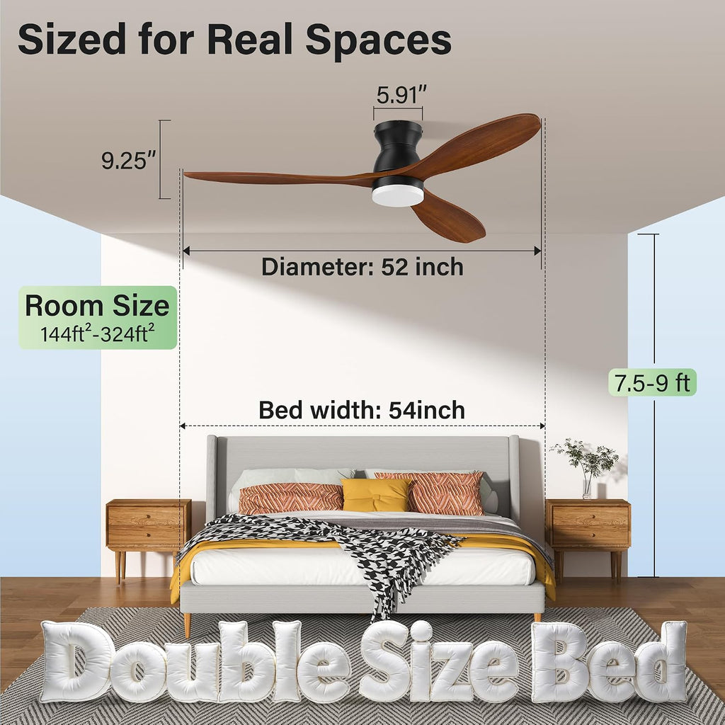 52' Wood Ceiling Fans with Lights Remote,Smart Control via Alexa APP,Quiet DC Motor,Flush Mount Ceiling Fan for Low Profile Living Room,Patio,Indoor Outdoor,Black&Walnut Brown,3 Blade,6 Speed,Dim LED
