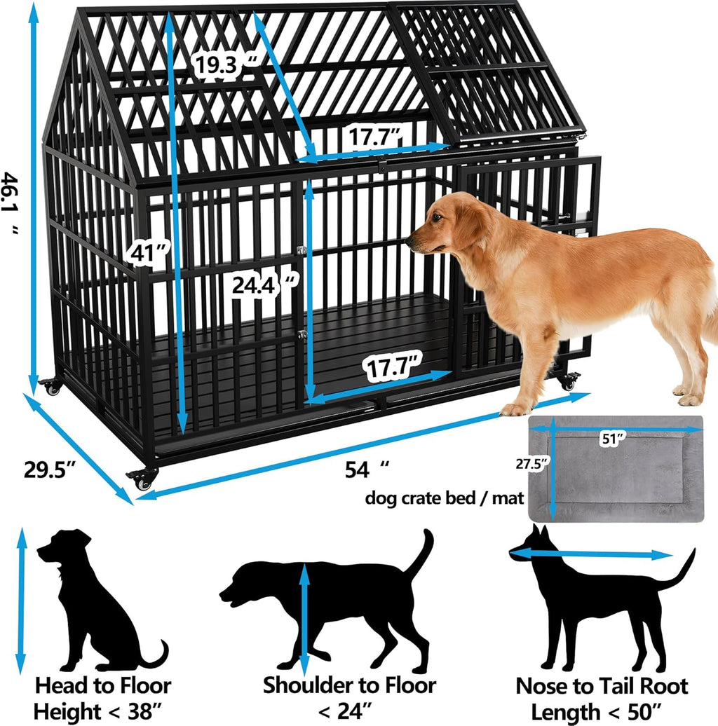 Heavy Duty Dog Crate 54 Inch Dog Pet Cage Kennel with Mat Escape Proof with Roof Top Open 4 Wheels 2 Doors Removable Trays for High Anxiety Extra Large XL XXL Dogs Breeds Great Dane Mastiff Bernard