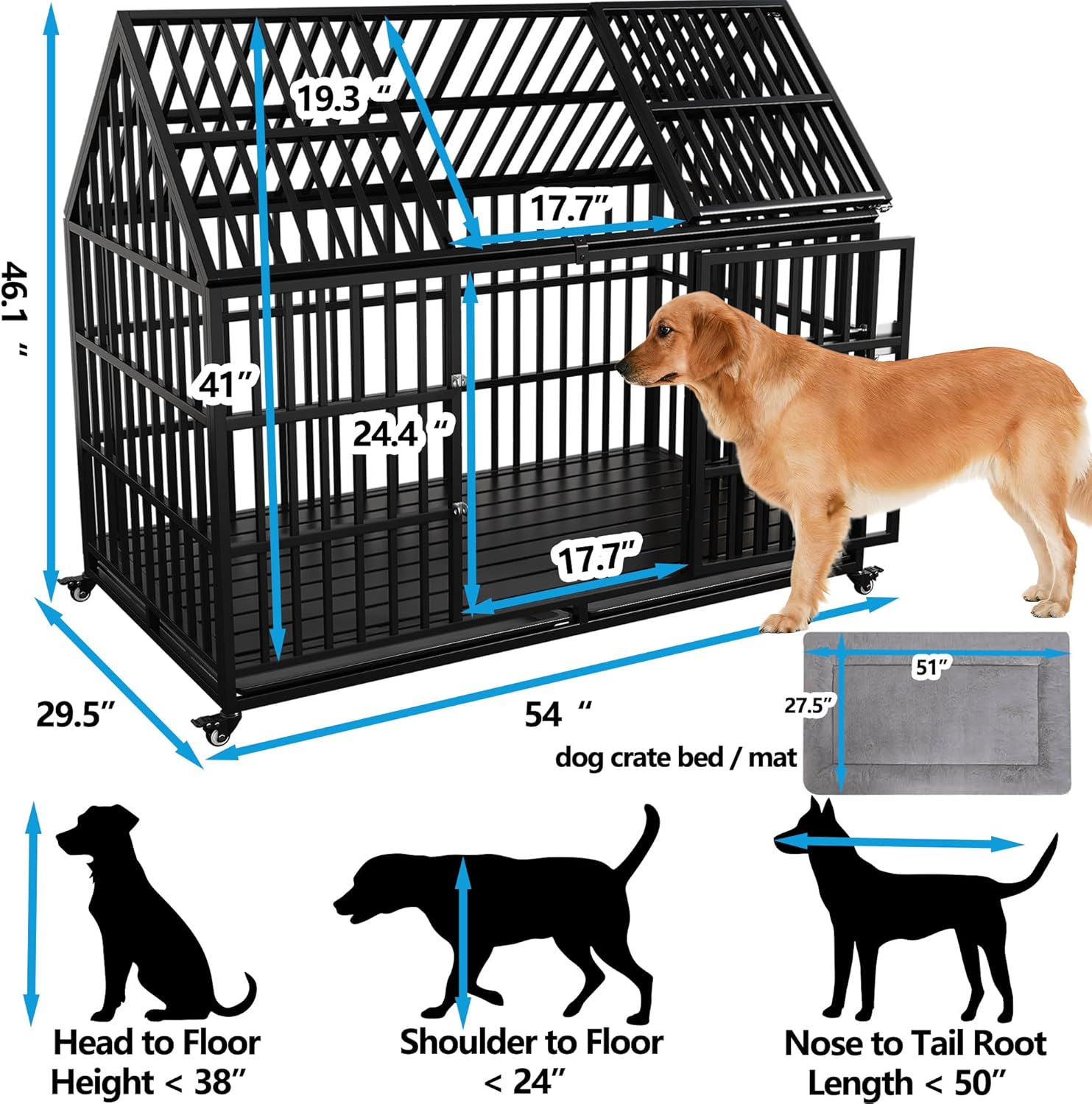 Heavy Duty Dog Crate 54 Inch Dog Pet Cage Kennel with Mat Escape Proof with Roof Top Open 4 Wheels 2 Doors Removable Trays for High Anxiety Extra Large XL XXL Dogs Breeds Great Dane Mastiff Bernard