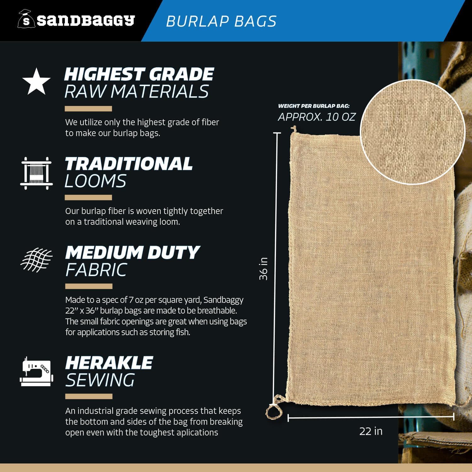 Burlap Bags 22' x 36' - Great for Planting/Gardening - Kids Sack Bag - Plant Covers - Food Grade - Sacks Burlap by Sandbaggy (Pack of 50)