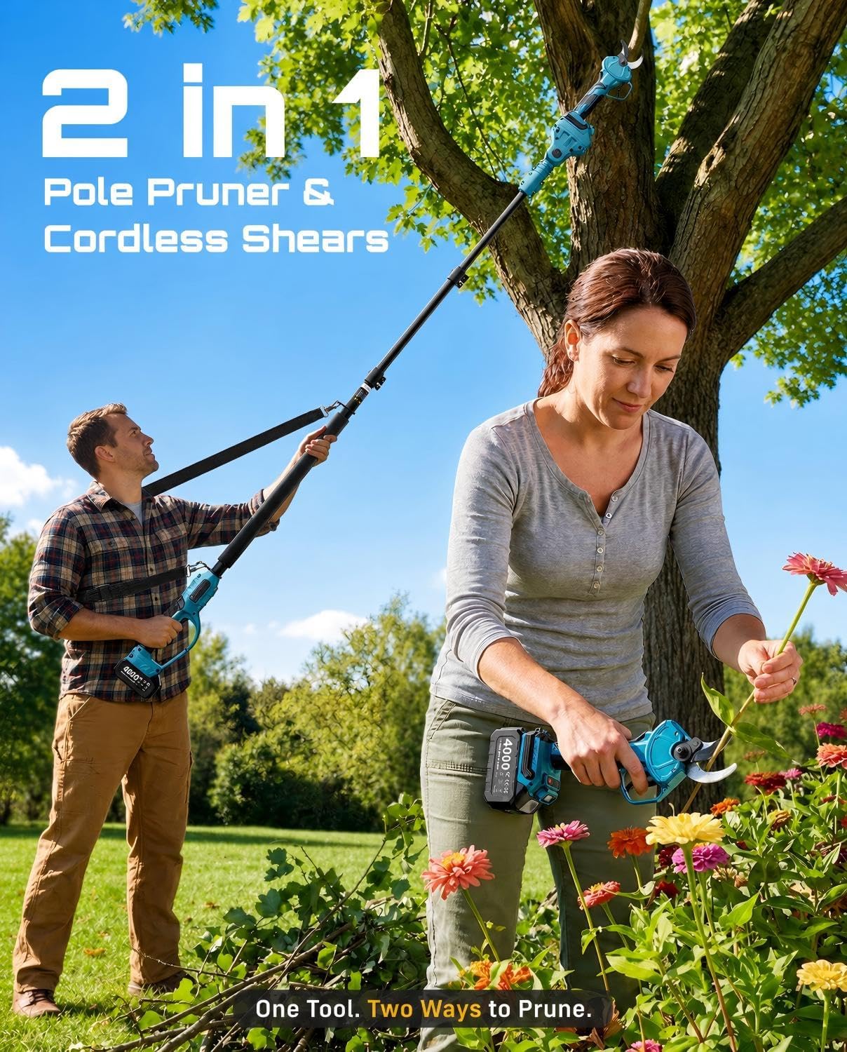 SEESII 2-in-1 Pole Pruning Shears: 1.6' Cutting Diameter Cordless Electric Pole Pruners - Brushless Motor, Dual 4.0Ah Batteries, Extra SK5 Blade, 4 Modes Adjustable Branches Cutter for Tree & Flower
