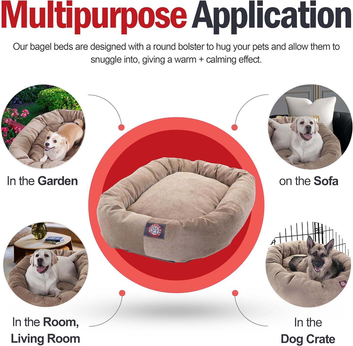 Majestic Pet 52 Inch Micro Velvet Calming Dog Bed Washable – Cozy Soft Round Dog Bed with Spine for Head Support - Fluffy Donut Puppy Mat 52x35x11 (inch) X- Large - Pearl (2025)