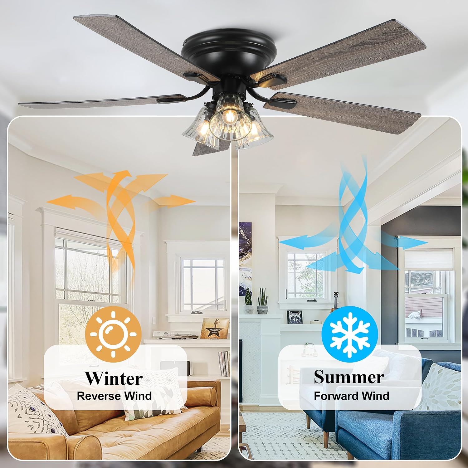Dawn Whisper 52 Inch Ceiling Fan with Light Flush Mount Classic Vintage Farmhouse Ceiling Fan with 3 E26 Covered Energy Efficient Light Bulbs Base
