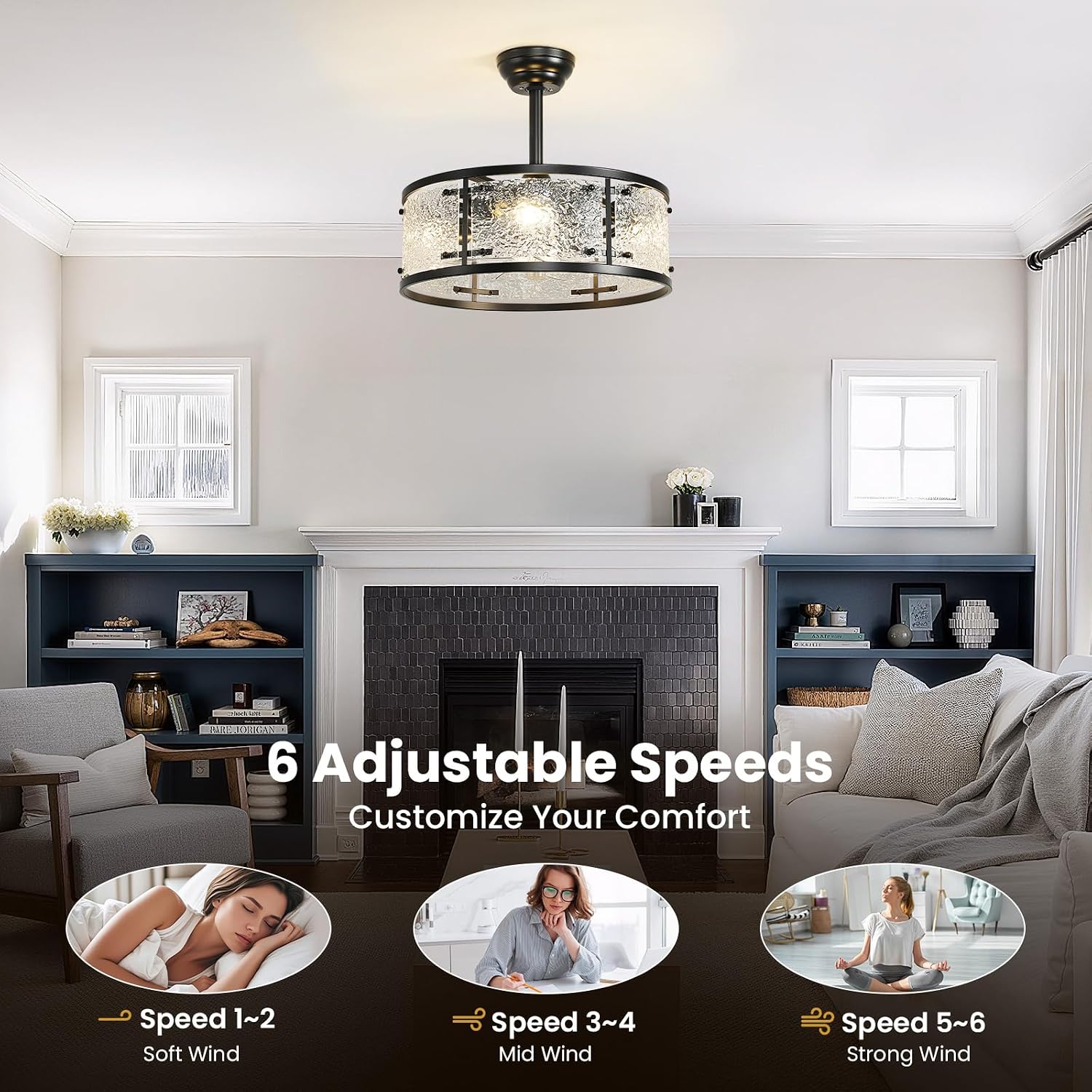 AIJIASI 20' Caged Ceiling Fans with Lights, Black Fandelier Ceiling Fan with Light Remote Control, Low Profile Mid Century Chandelier Ceiling Fan with 6 Speeds for Bedroom, Nursery, Living Room