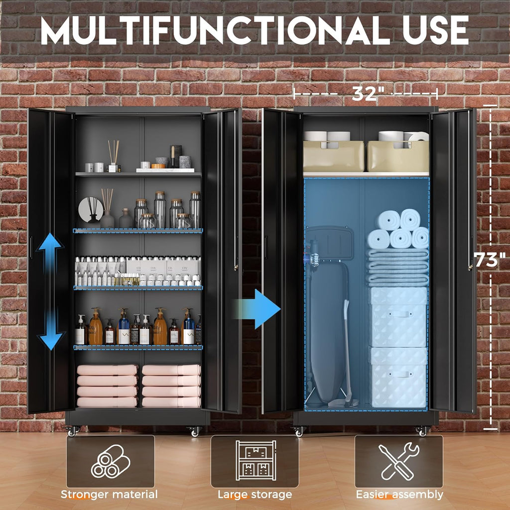Greenvelly Metal Garage Storage Cabinet with 4 Swivel Wheels, 73' Black Storage Cabinet on Wheels, Rolling Tool Cabinet with Locking Doors and Shelves for Garage, Basement, Home, Warehouse