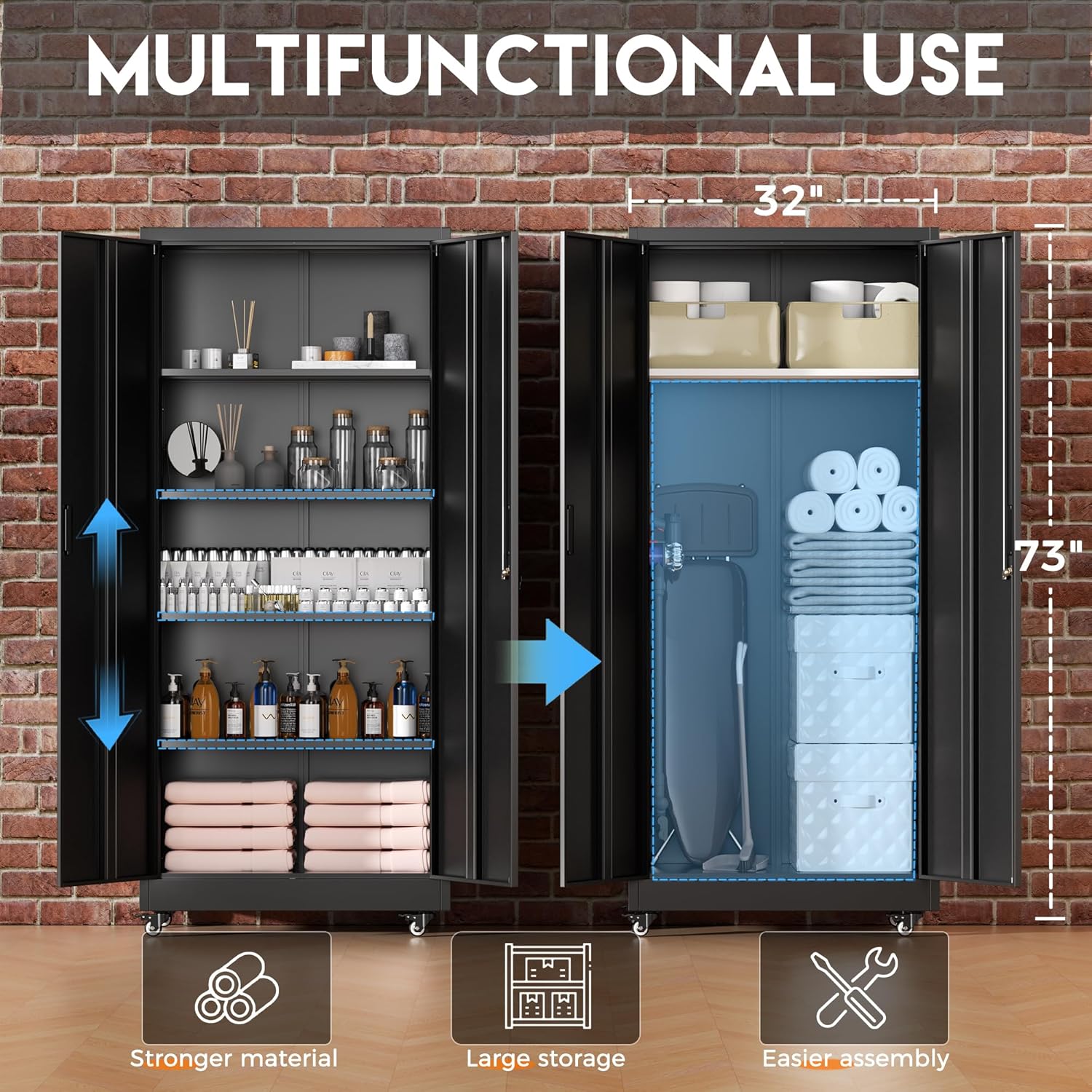 Greenvelly Metal Garage Storage Cabinet with 4 Swivel Wheels, 73' Black Storage Cabinet on Wheels, Rolling Tool Cabinet with Locking Doors and Shelves for Garage, Basement, Home, Warehouse