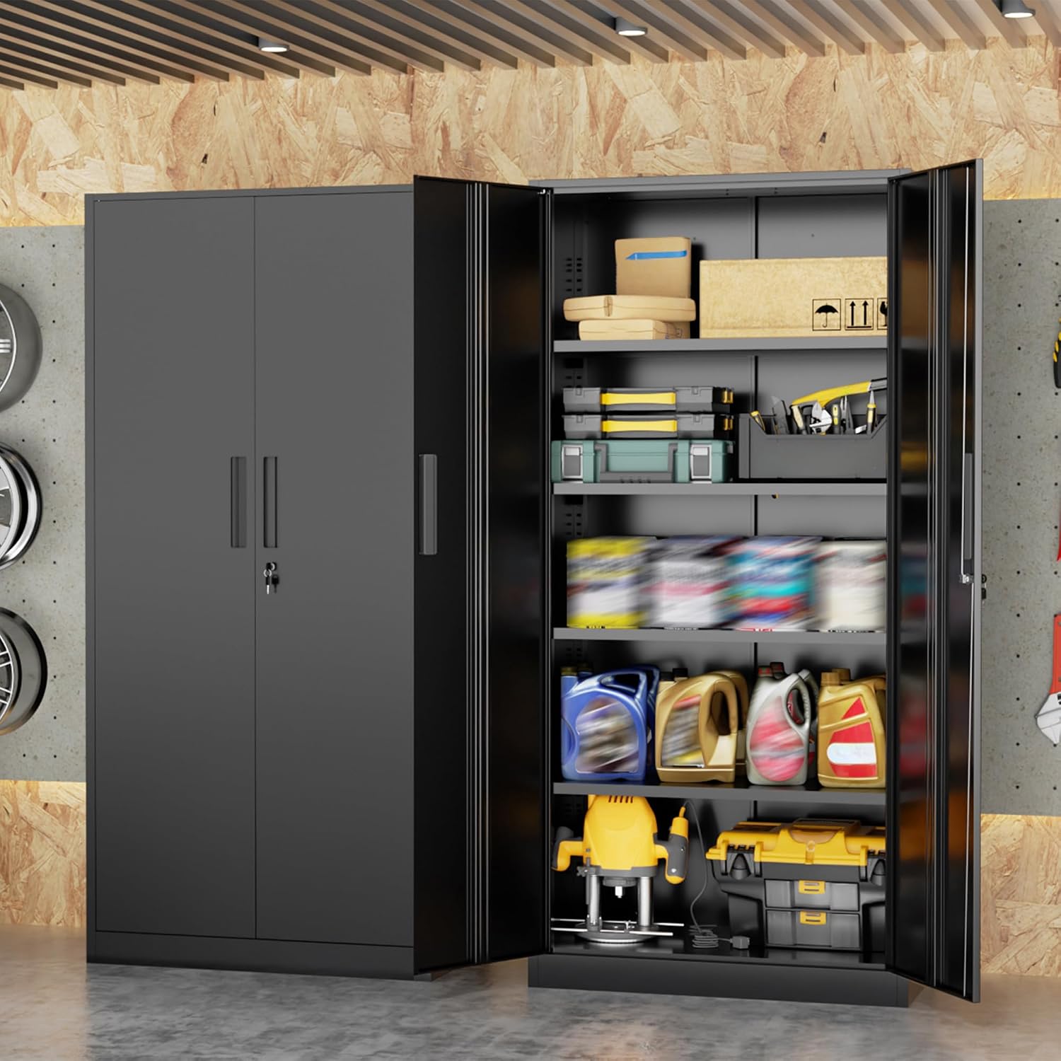 SUNCROWN Metal Storage Cabinets with Lock, Tool Cabinet, 72' Locking Steel Storage, Tall Locker Organizer Garage Cabinets with 2 Doors and 4 Shelves for Home,Office,Warehouse,Garage,School(Black)
