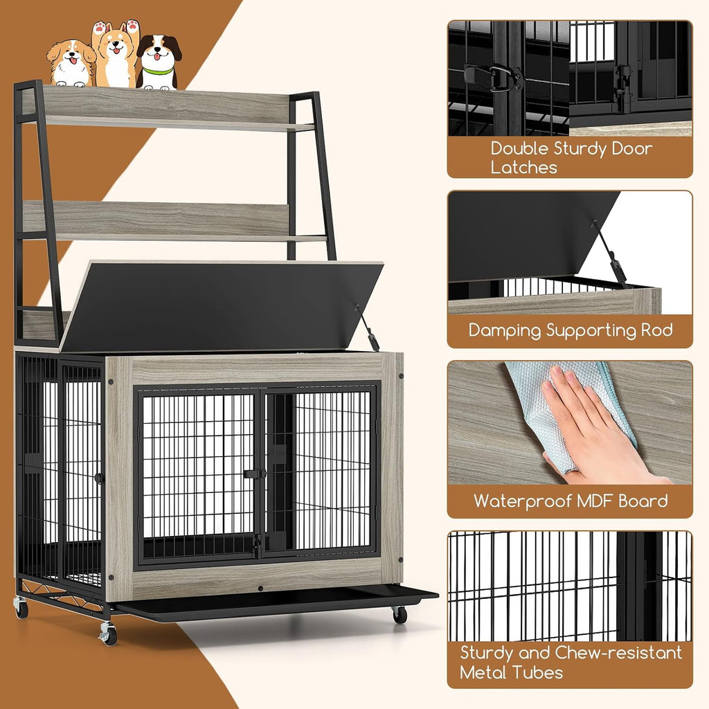 Giantex Dog Crate Furniture with Storage Shelves, 38' Furniture Style Indoor Dog Kennel on Wheels, 3 Doors, Flip Top Lid, Removable Pull-Out Tray, Dog Cage Pet House for Large Dogs, Oak Gray