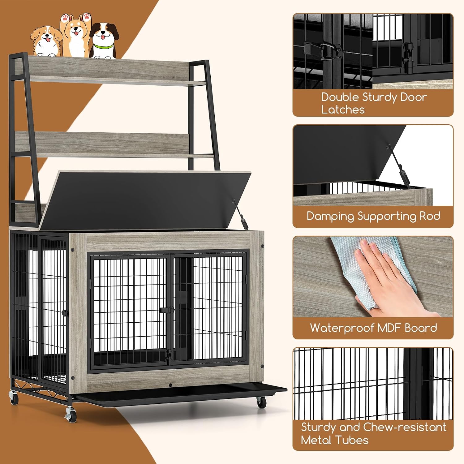 Giantex Dog Crate Furniture with Storage Shelves, 38' Furniture Style Indoor Dog Kennel on Wheels, 3 Doors, Flip Top Lid, Removable Pull-Out Tray, Dog Cage Pet House for Large Dogs, Oak Gray