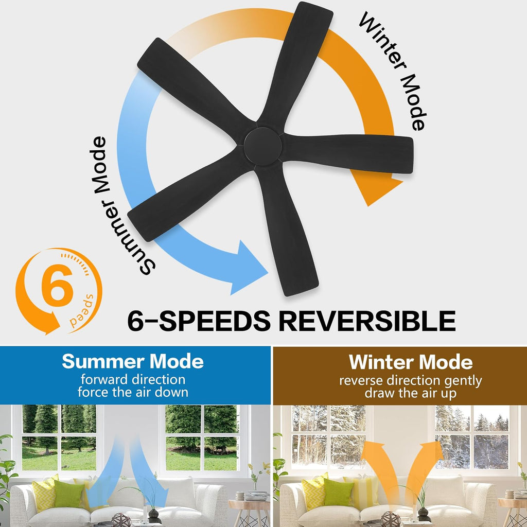 WINGBO 54' Flush Mount DC Ceiling Fans Without Lights, 5 Carved Solid Wood Blades, 6-Speed Reversible DC Motor, Low Profile Hugger Ceiling Fan No Lights for Living Room Bedroom Patio, Matte Black