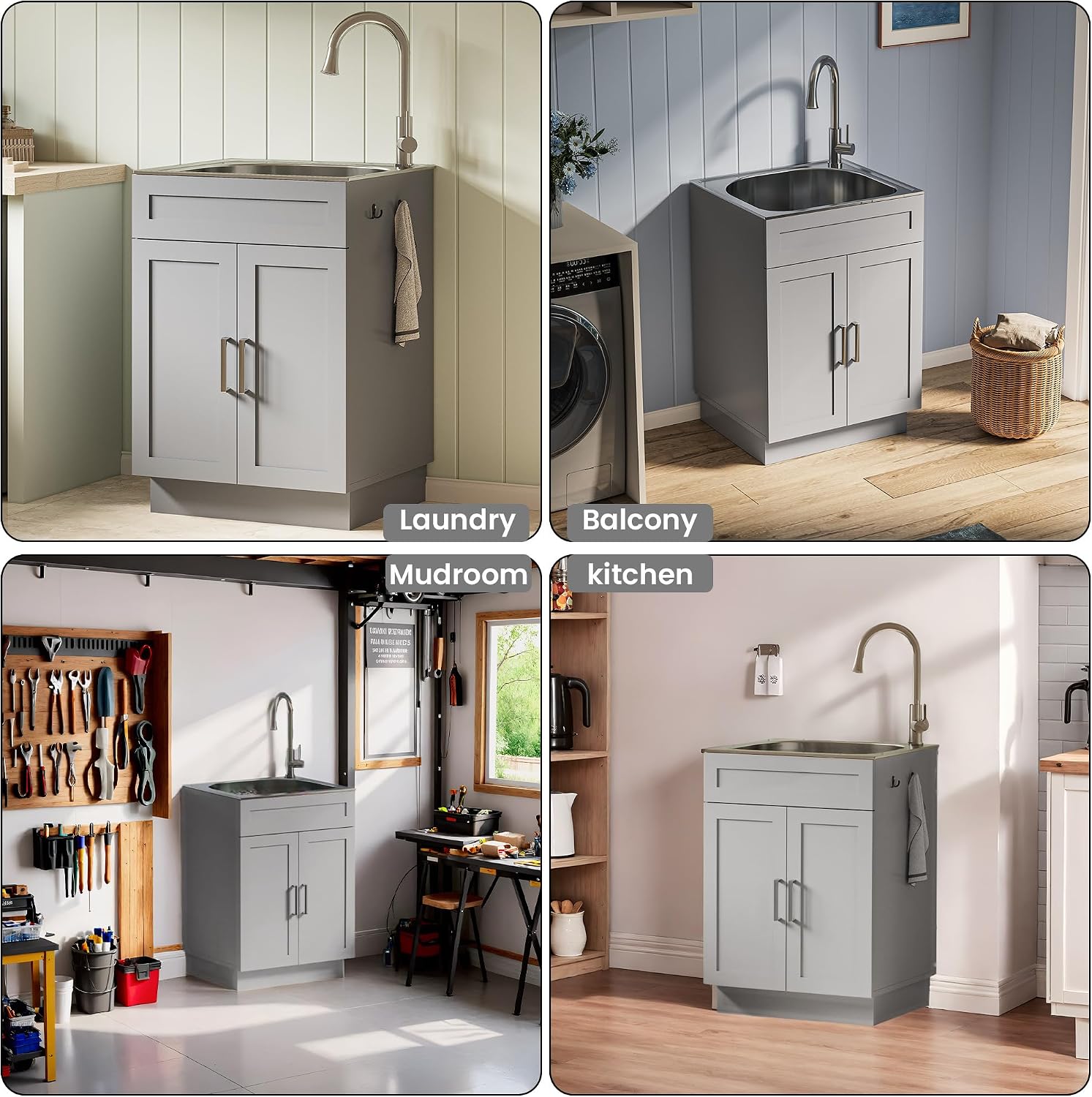 ANCTOR 24 Inch Laundry Sink with Cabinet, Stainless Steel Utility Sink Cabinet with Pull-Out Hot/Cold Faucet Metal Hooks Freestanding Deep Utility Sink for Laundry Utility Room Kitchen Garage