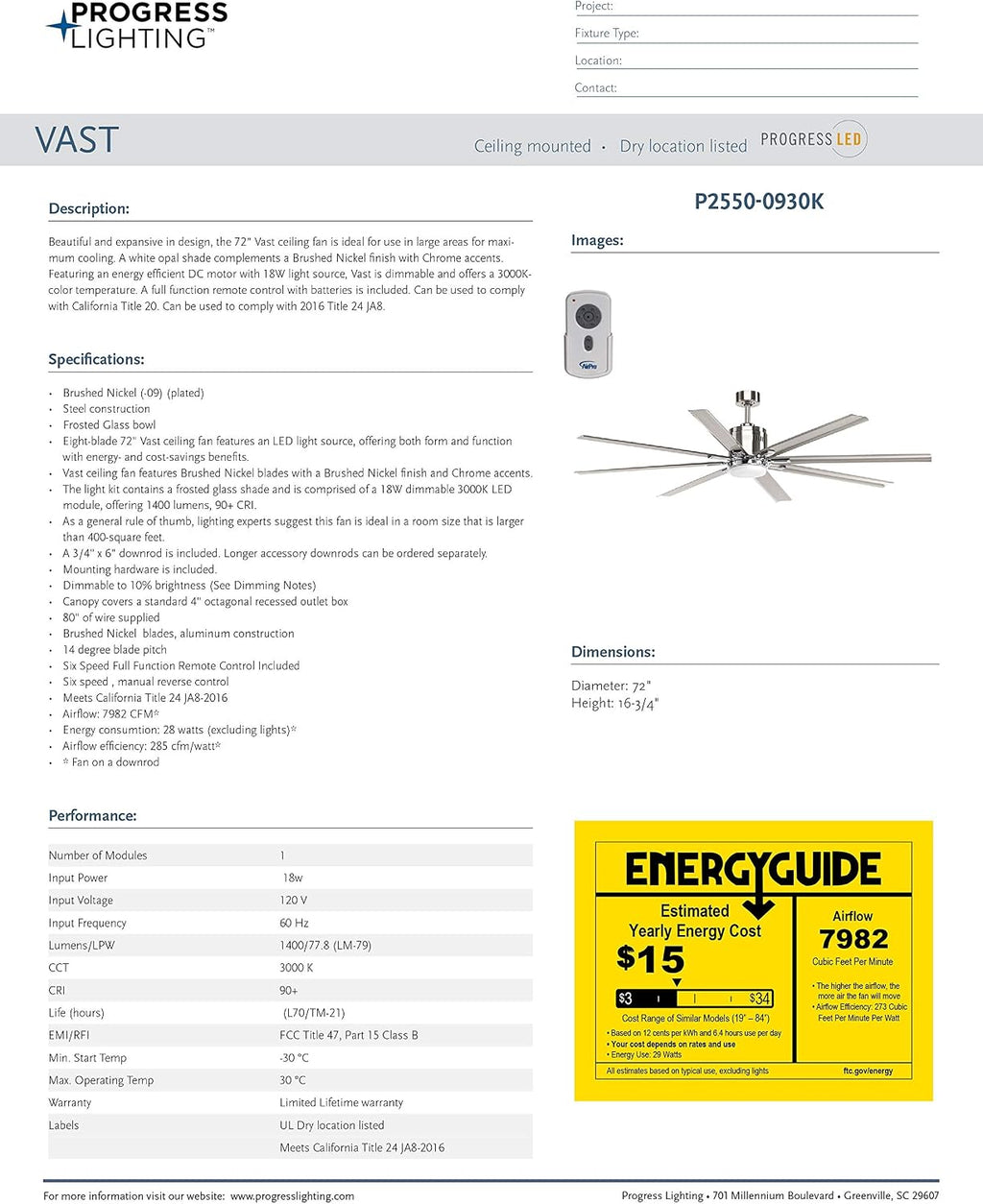 Progress Lighting Vast Collection 72-Inch 8-Blade Gray Modern Ceiling Fan, Nickel